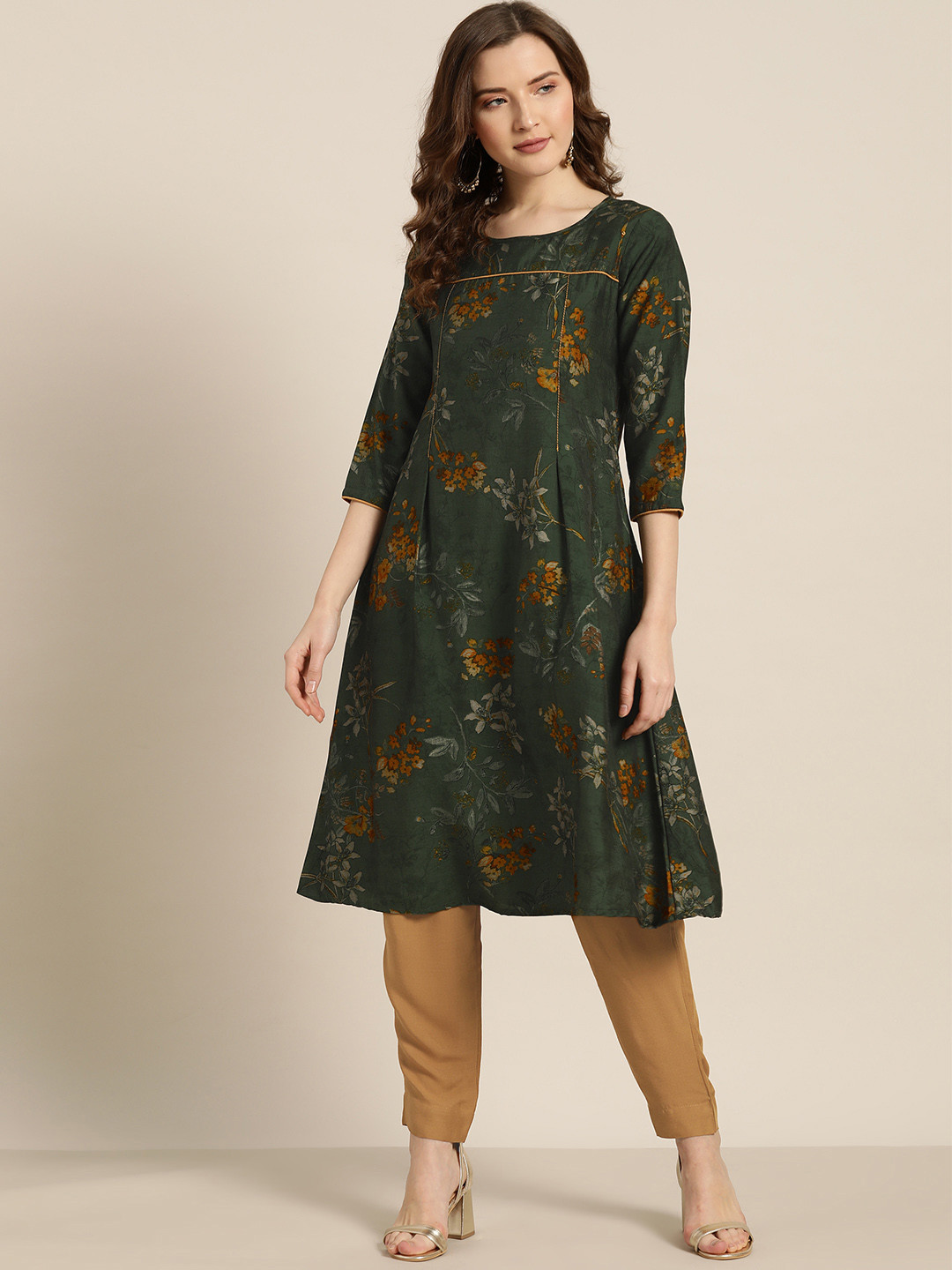 

Sangria Women Green & Beige Printed Kurta with Trousers
