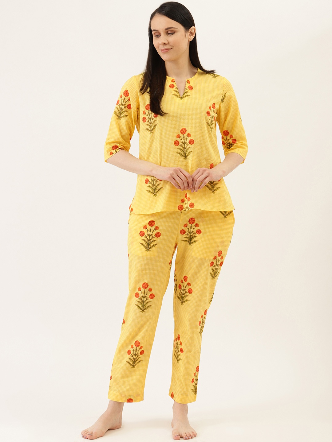 

pinwheel Women Yellow & Red Printed Pure Cotton Night Suit