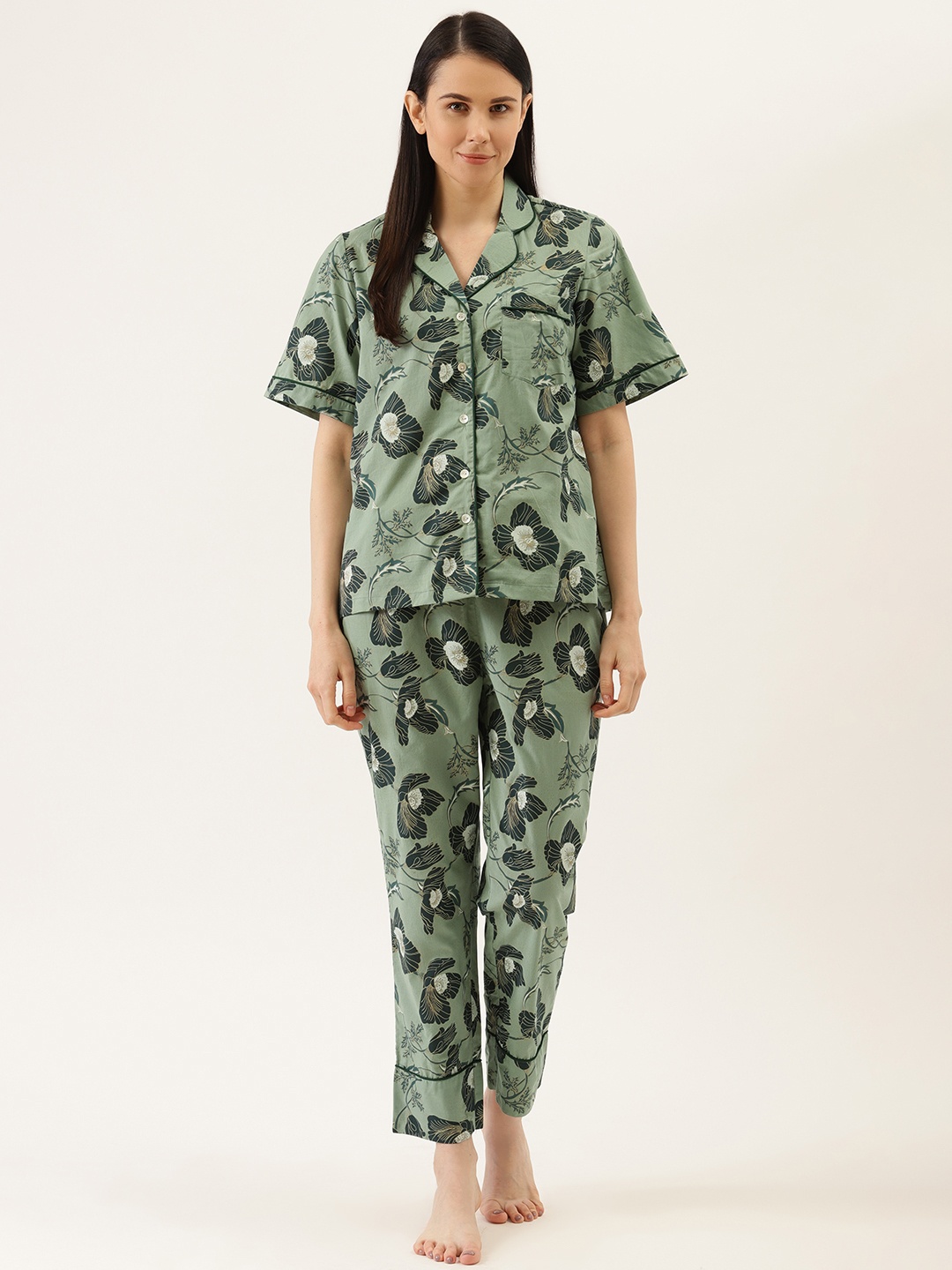 

pinwheel Women Green & Golden Floral Printed Pure Cotton Night Suit