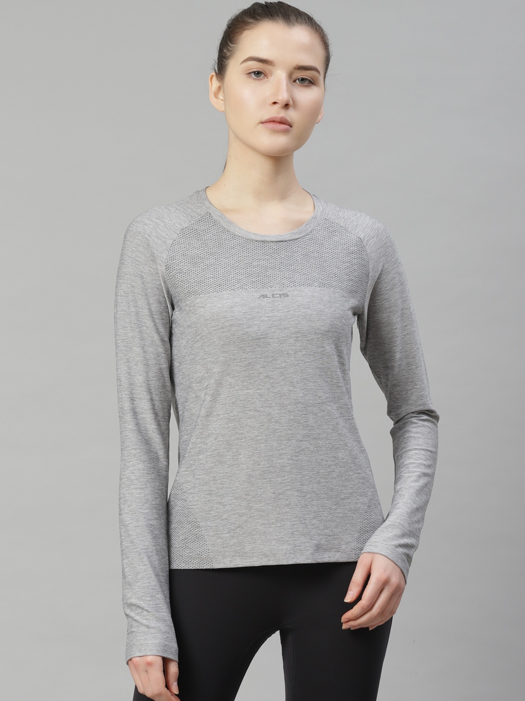 

Alcis Women Grey Melange Printed Slim Fit Round Neck T-shirt