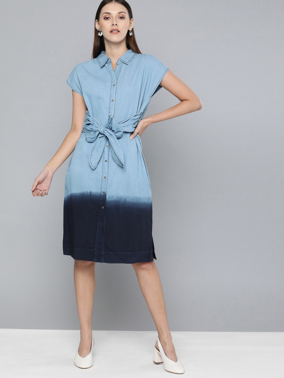

Chemistry Women Blue Ombre Shirt Dress with Waist Tie-Up Detail