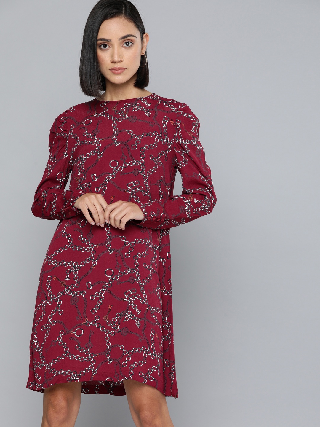 

Chemistry Women Maroon & Black Printed A-Line Dress
