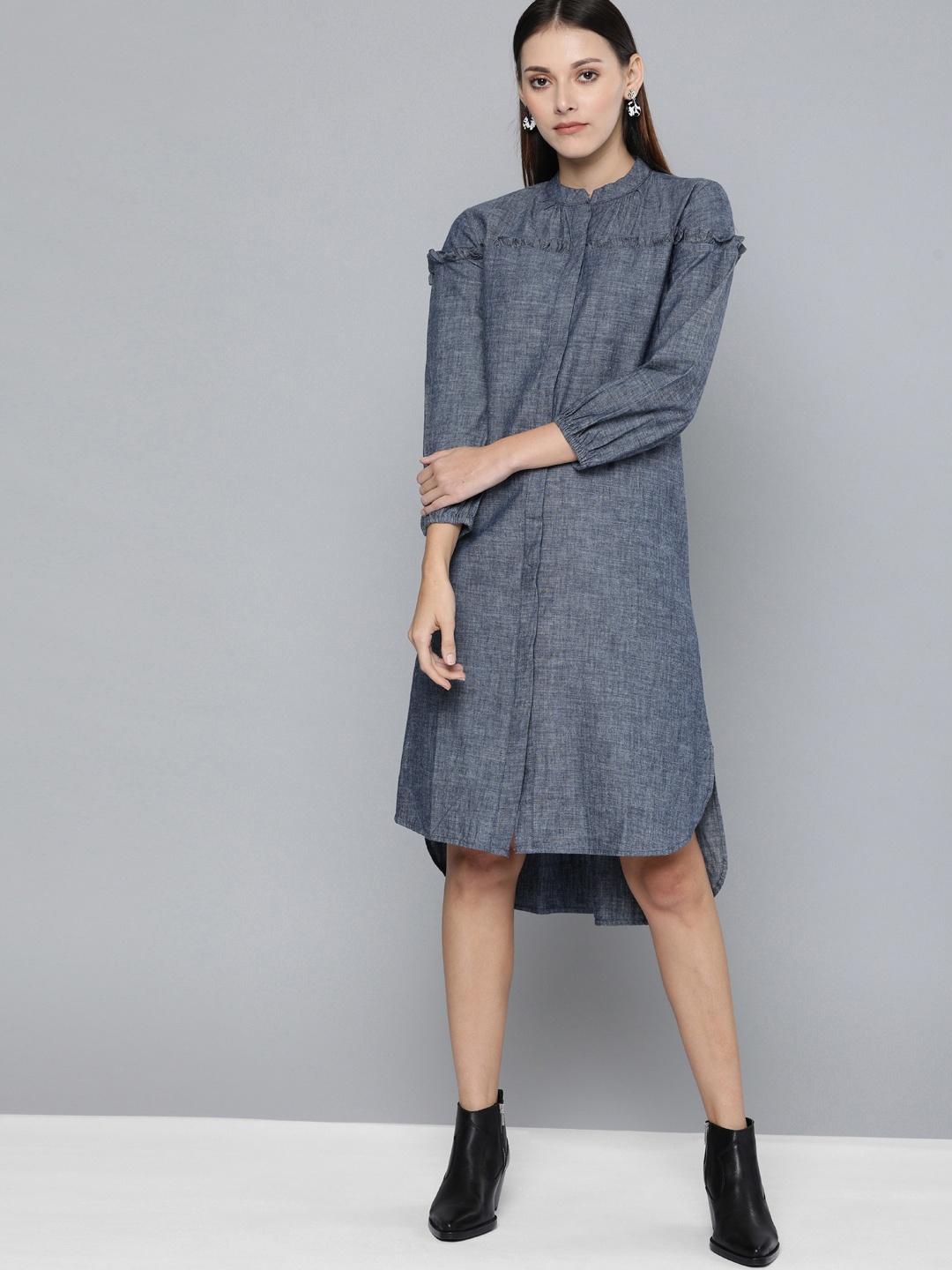 

Chemistry Women Navy Blue Solid A-Line Dress with Ruffle Detail