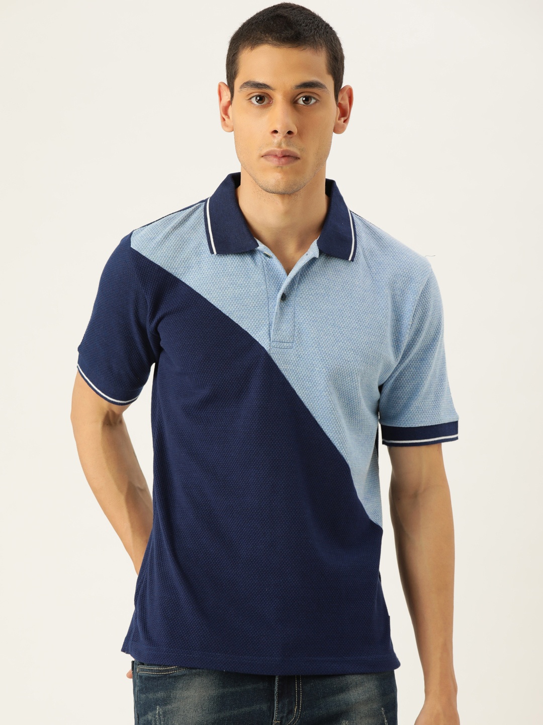 

Campus Sutra Men Blue Colourblocked Polo Collar T-shirt