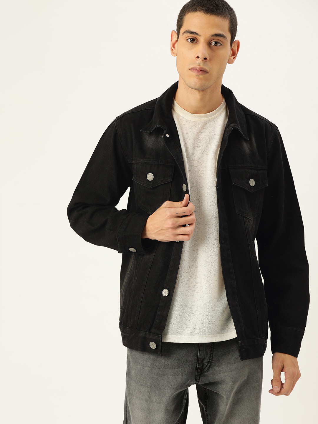 

Campus Sutra Men Black Solid Bio-Wash Denim Jacket