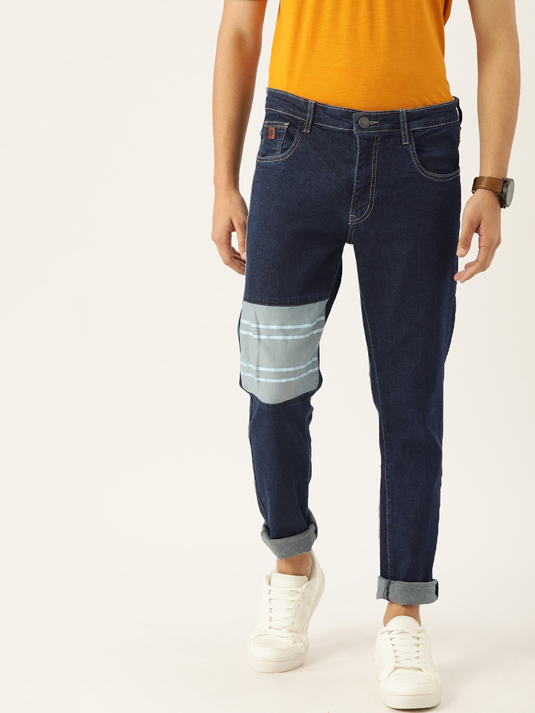

Campus Sutra Men Navy Blue Slim Fit Mid-Rise Clean Look Jeans With Patch Work