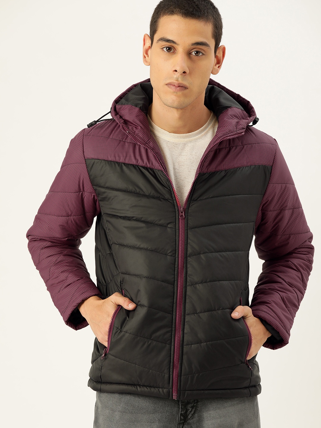 

Campus Sutra Men Black & Purple Colourblocked Bio-Wash Padded Jacket