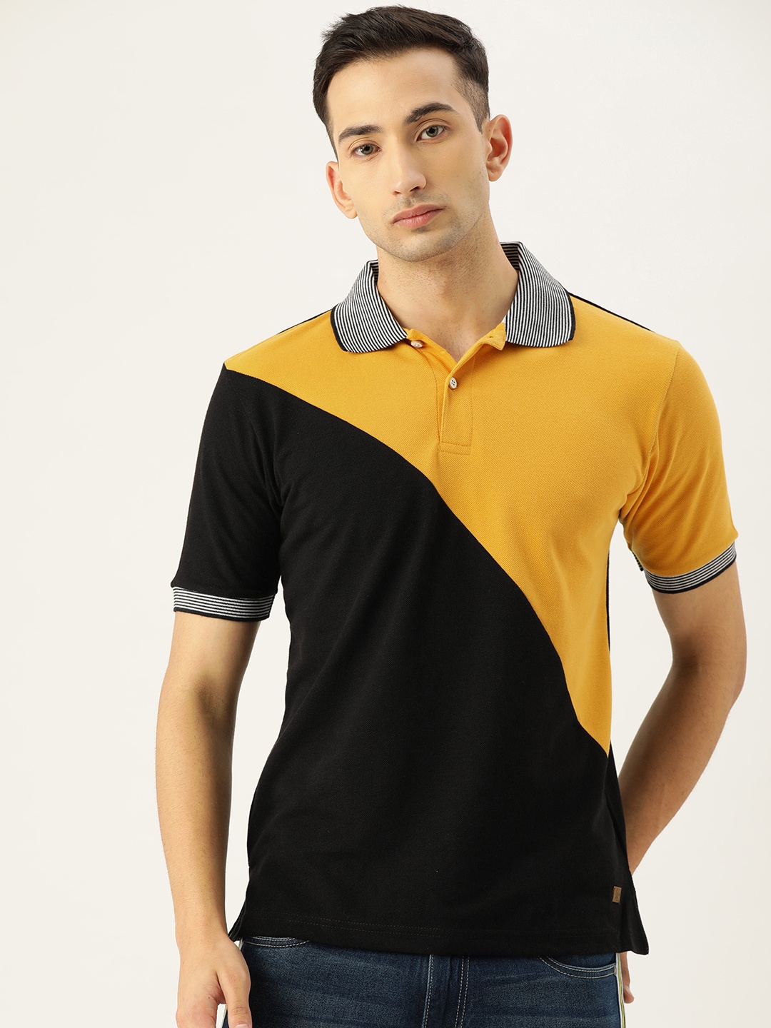 

Campus Sutra Men Mustard Yellow & Black Colourblocked Polo Collar T-shirt