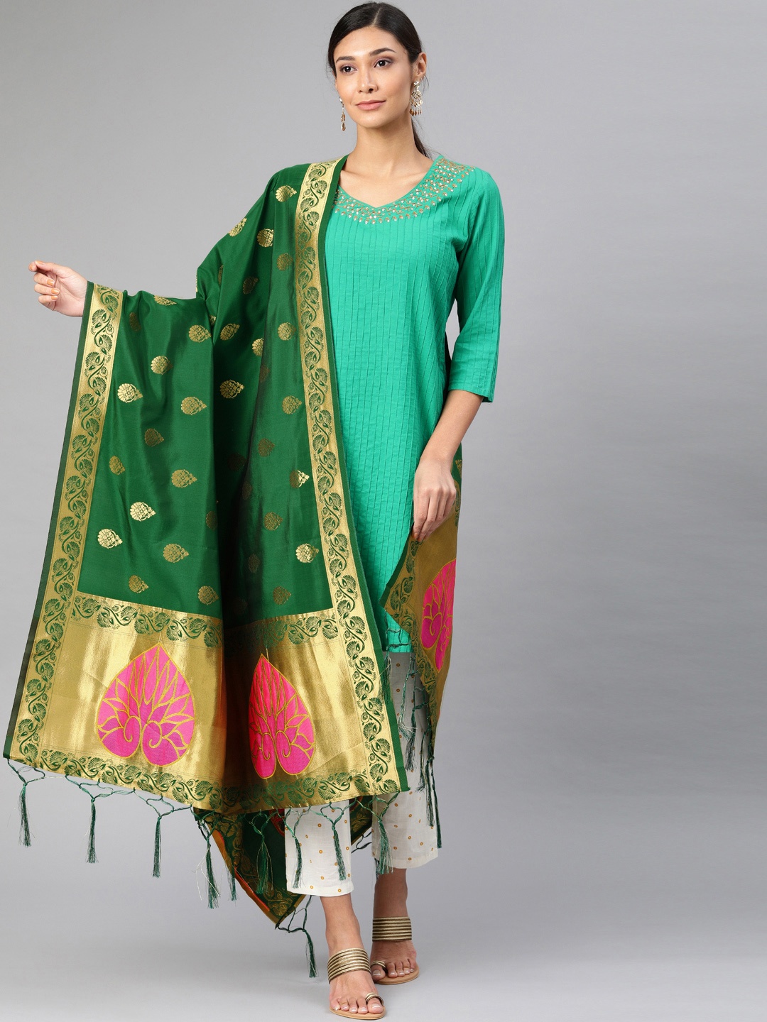 

MIMOSA Green & Gold-Toned Woven Design Dupatta