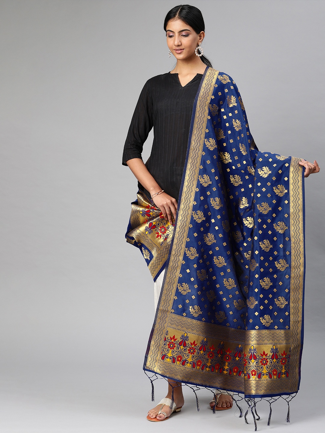 

MIMOSA Navy Blue & Gold-Toned Woven Design Dupatta