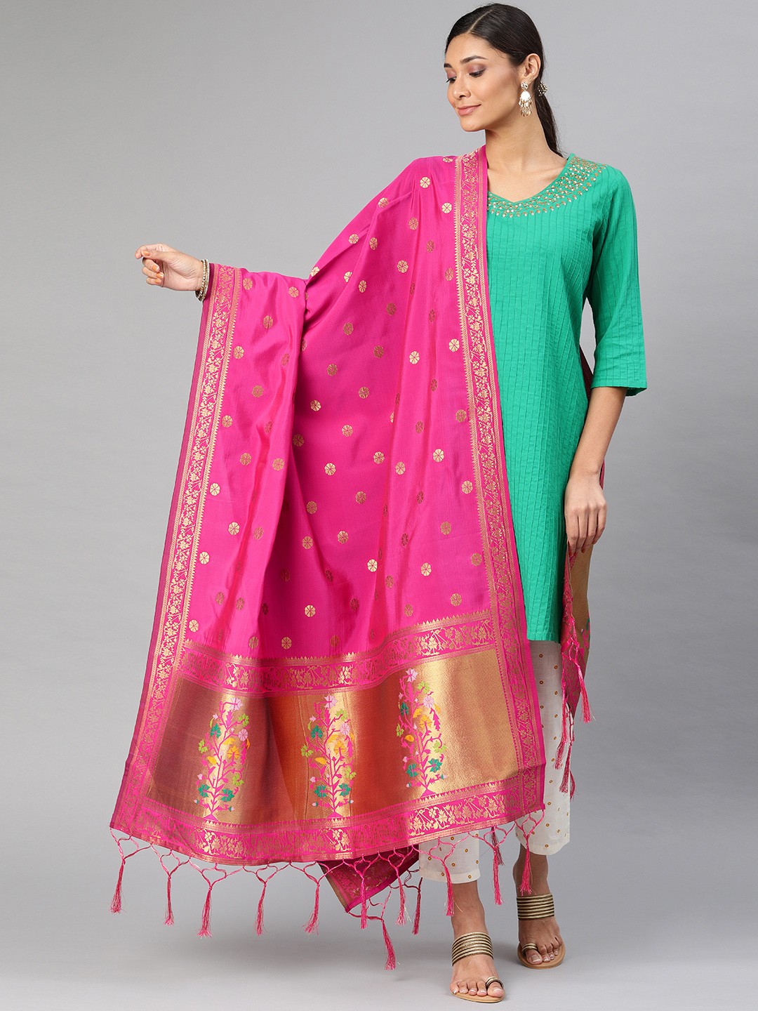 

MIMOSA Pink & Gold-Toned Woven Design Dupatta