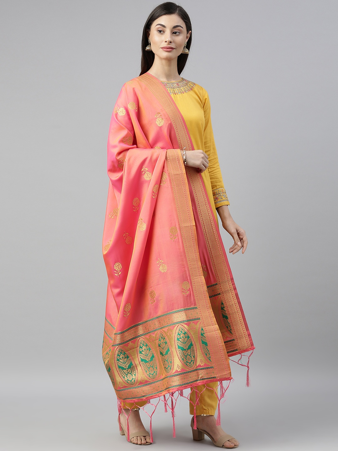 

MIMOSA Coral Orange & Gold-Toned Woven Design Art Silk Dupatta