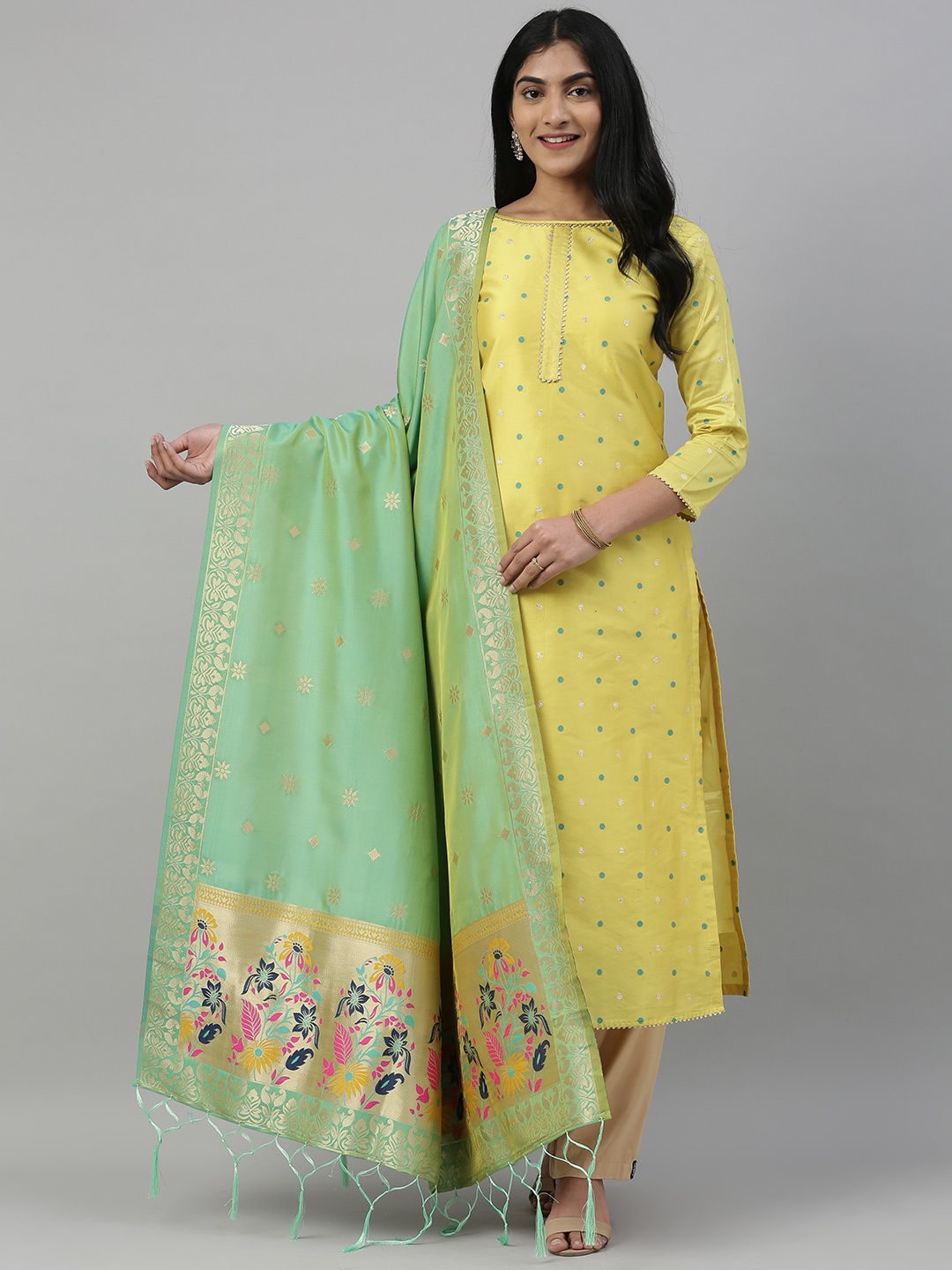 

MIMOSA Sea Green & Gold-Toned Woven Design Art Silk Dupatta