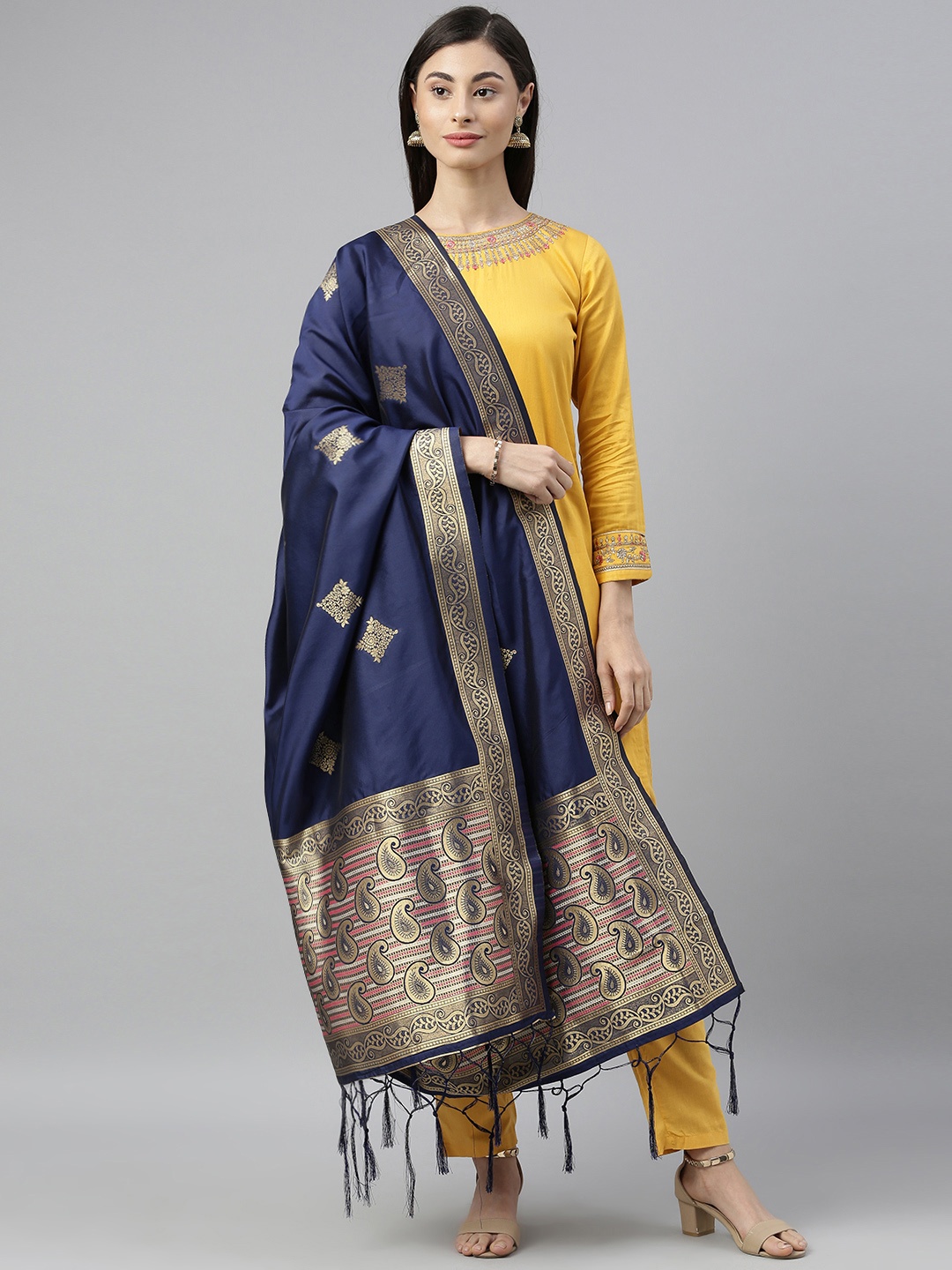 

MIMOSA Navy Blue & Gold-Toned Woven Design Art Silk Dupatta
