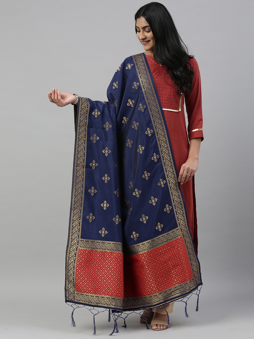 

MIMOSA Navy Blue & Red Woven Design Dupatta