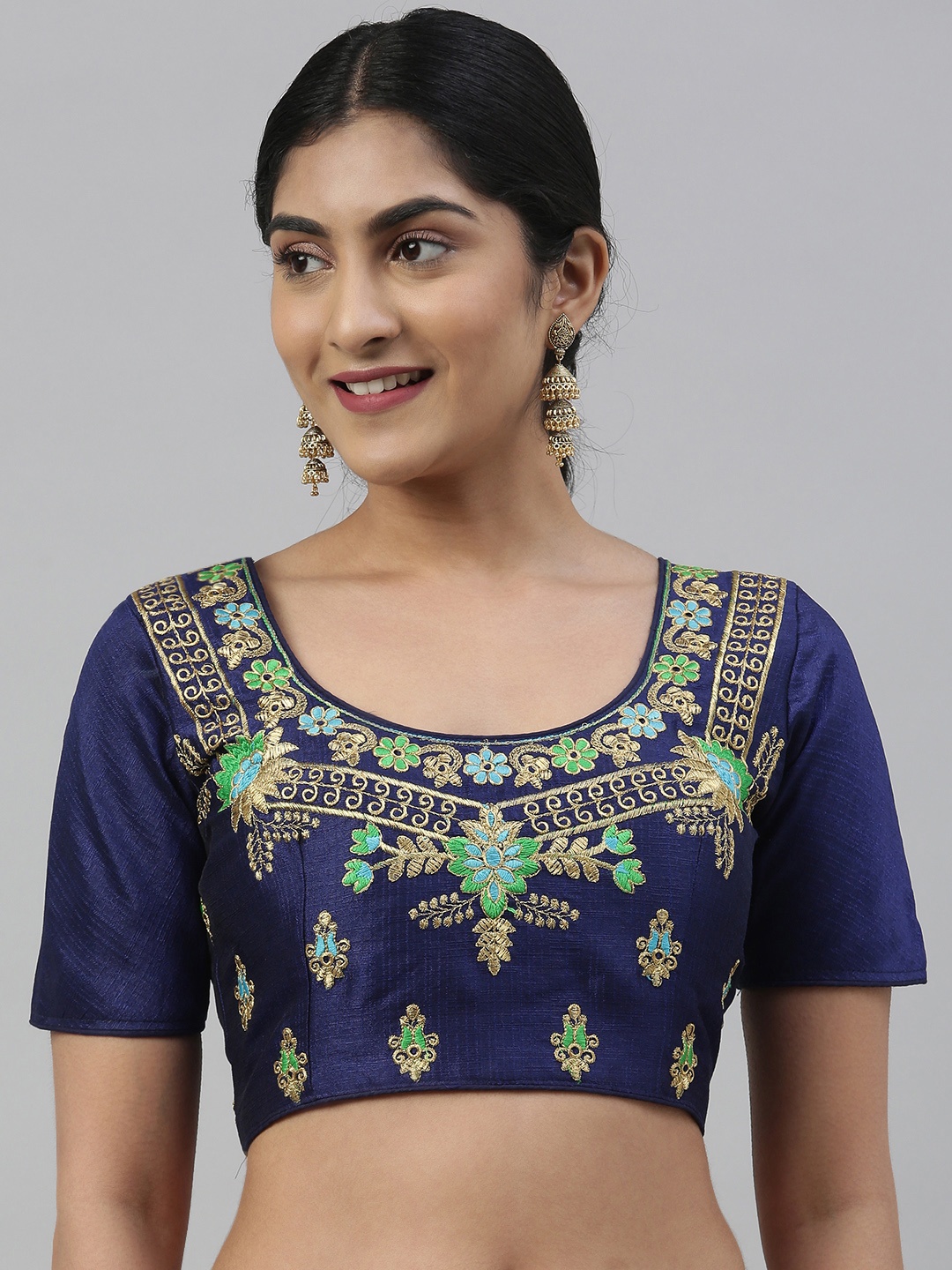 

Mimosa Women Navy Blue & Gold-Coloured Embroidered Readymade Art Silk Saree Blouse