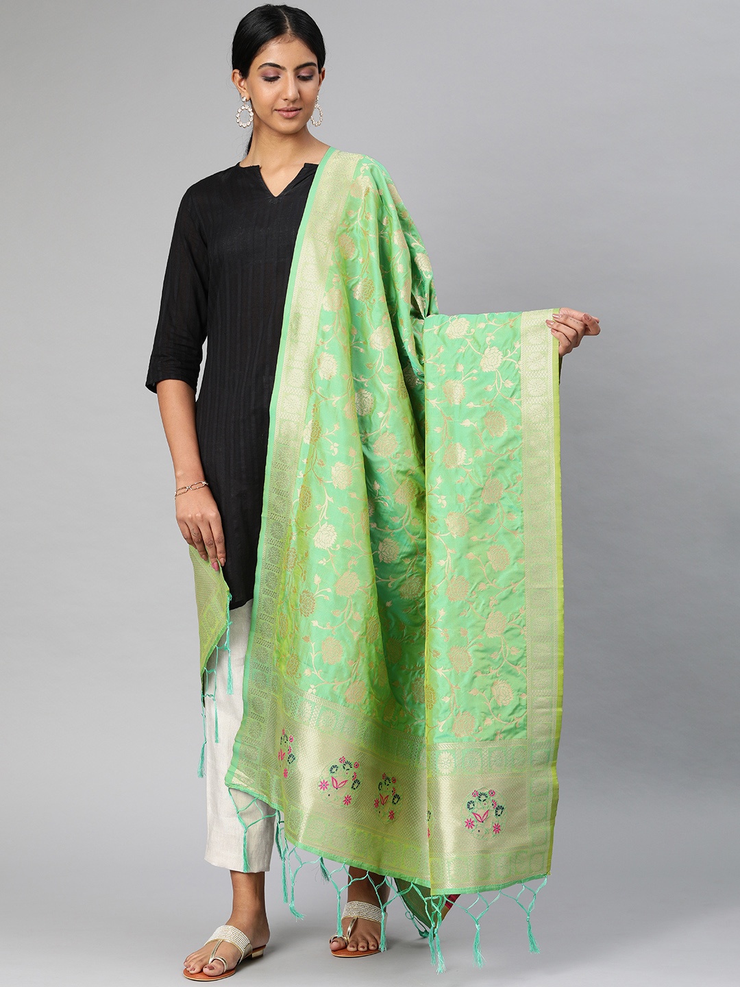 

MIMOSA Green & Gold-Toned Woven Design Dupatta