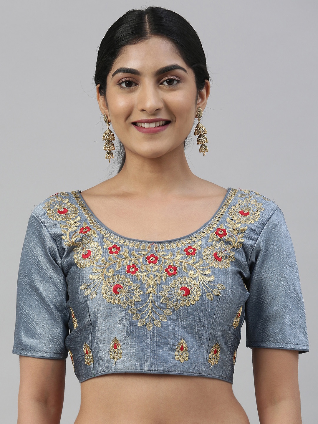 

Mimosa Women Grey & Gold-Coloured Embroidered Readymade Art Silk Saree Blouse