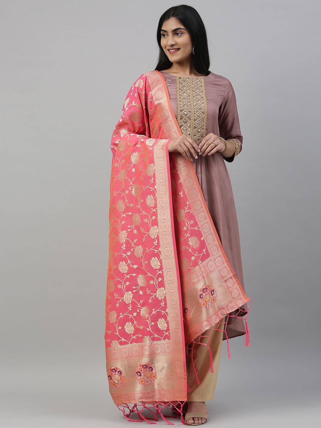 

MIMOSA Coral Pink & Gold-Toned Woven Design Dupatta