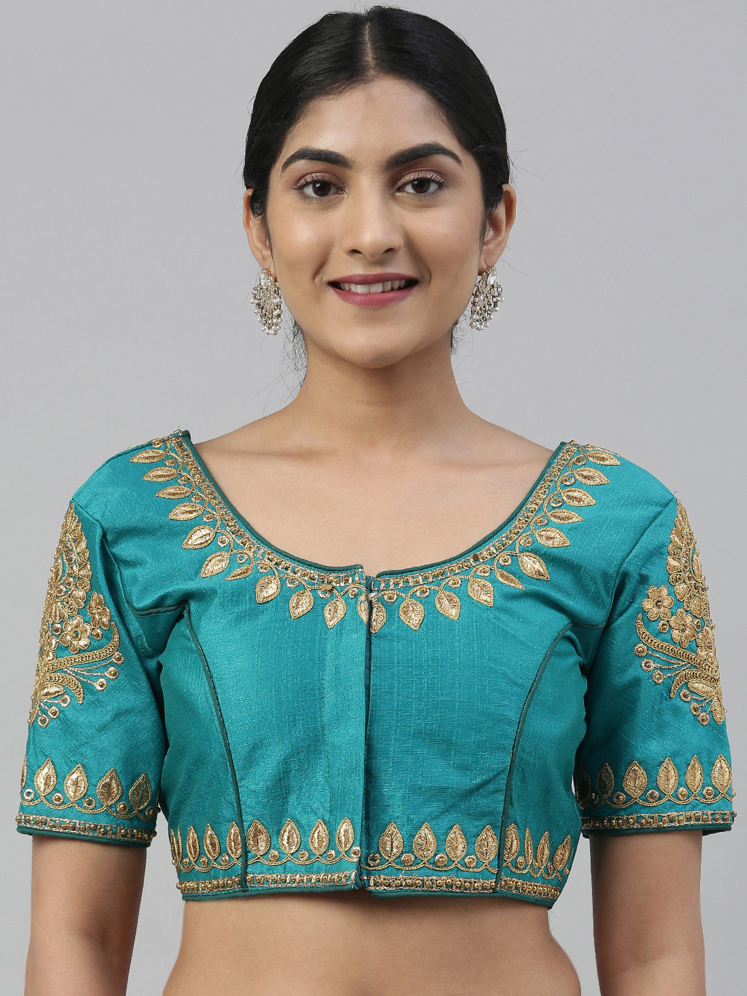 

MIMOSA Women Teal Blue & Gold-Toned Embroidered Art Silk Saree Blouse