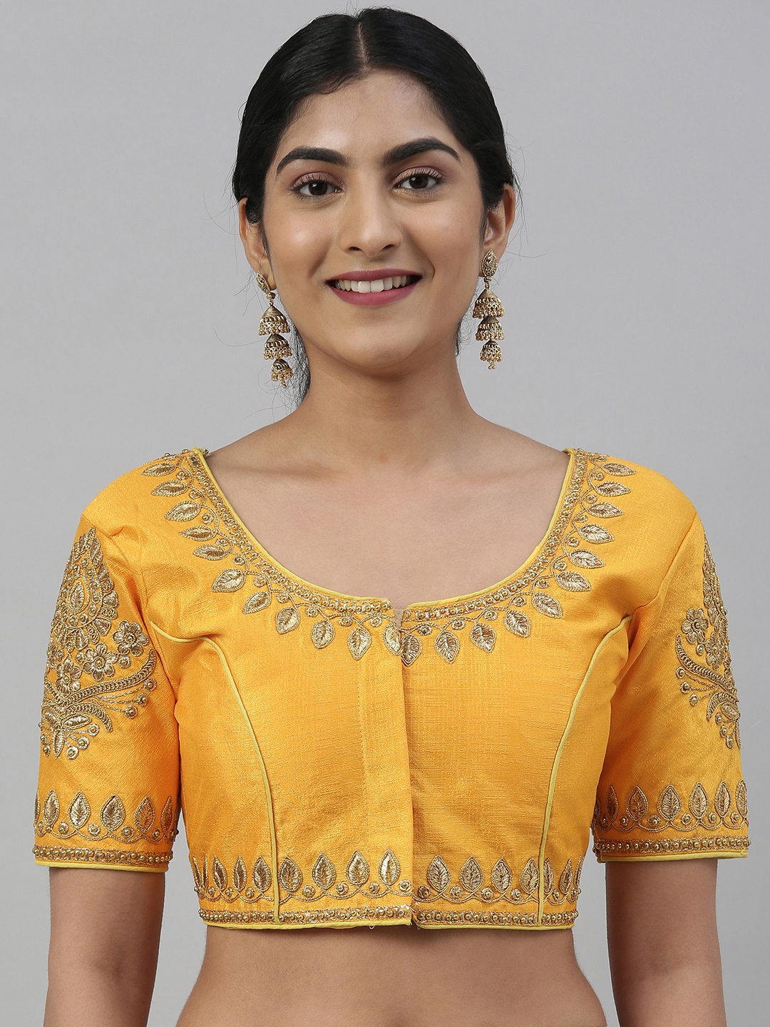 

Mimosa Women Yellow & Gold-Coloured Embroidered Readymade Art Silk Saree Blouse