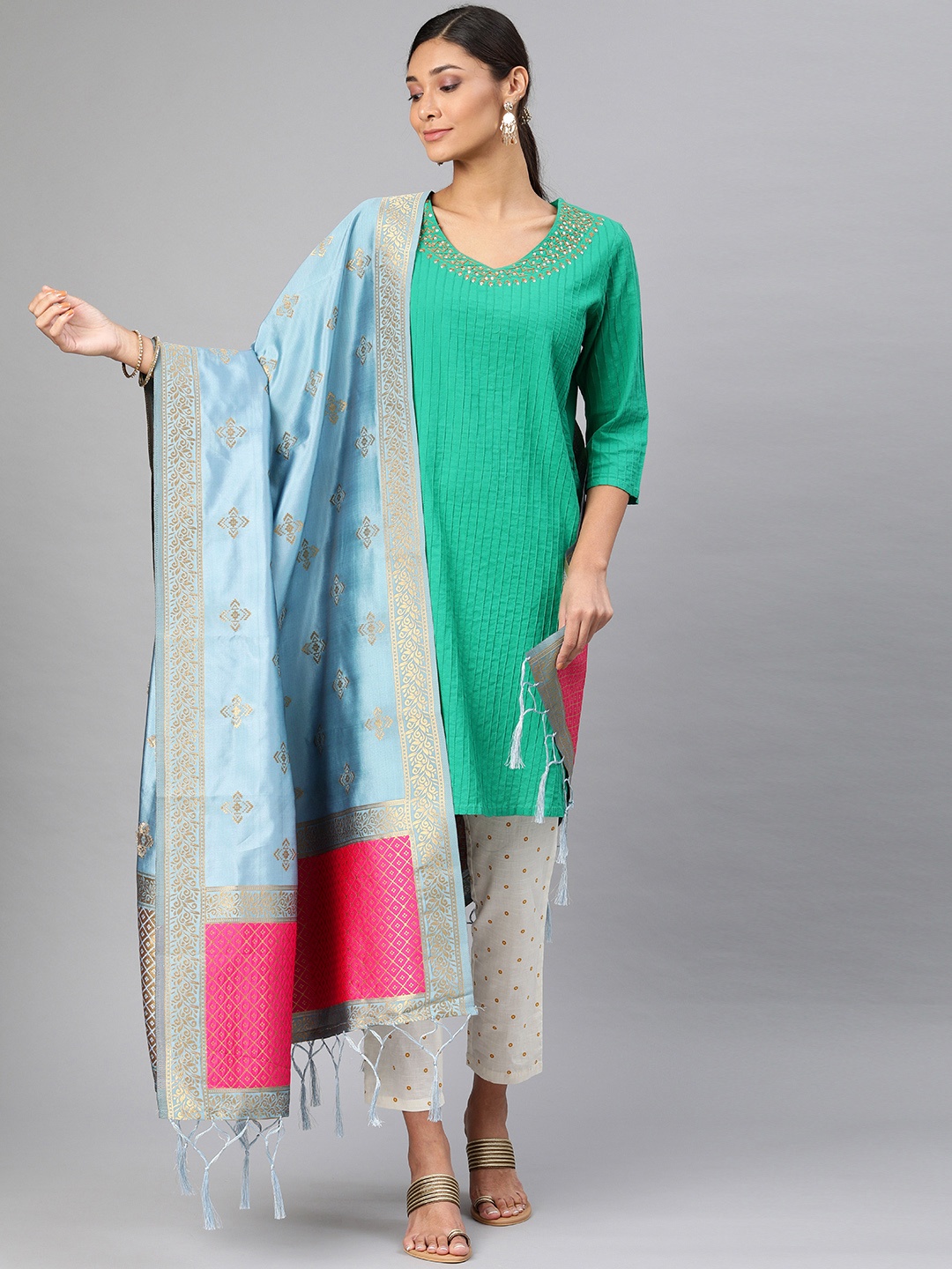 

MIMOSA Blue & Gold-Toned Woven Design Dupatta