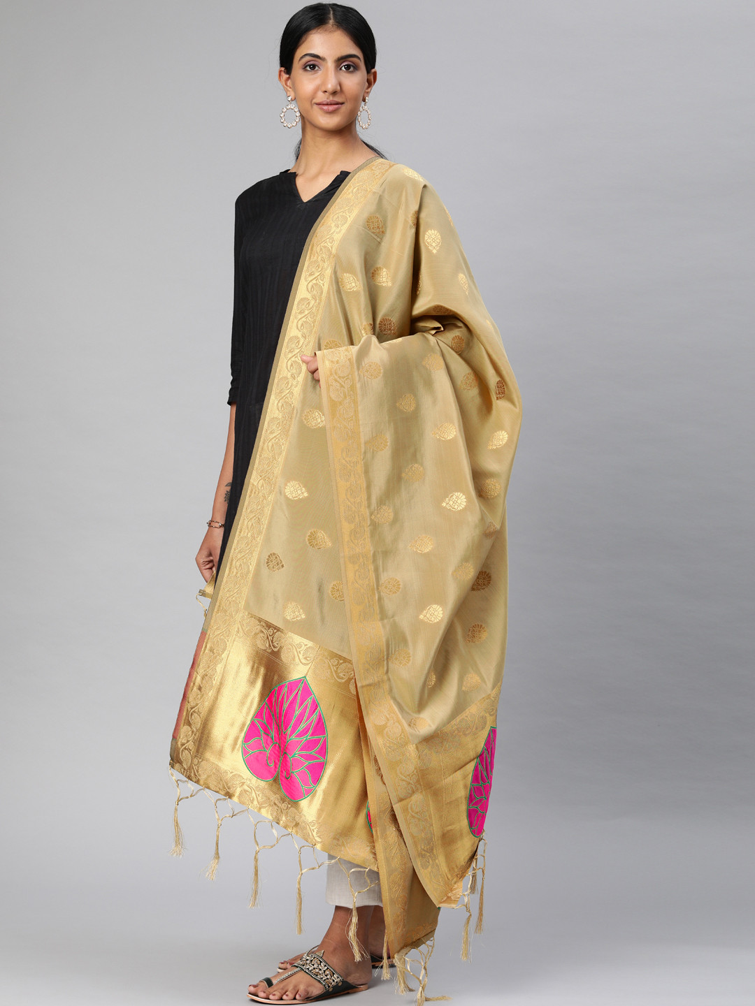 

MIMOSA Khaki & Gold-Toned Woven Design Dupatta
