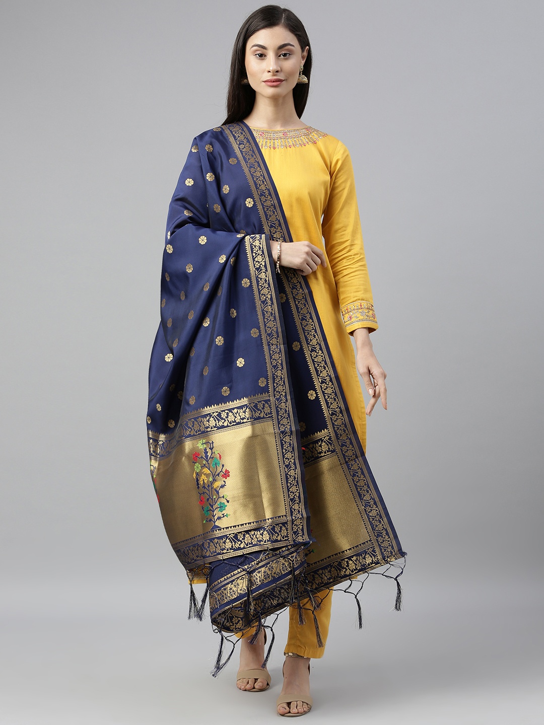 

MIMOSA Navy Blue & Gold-Coloured Woven Design Dupatta