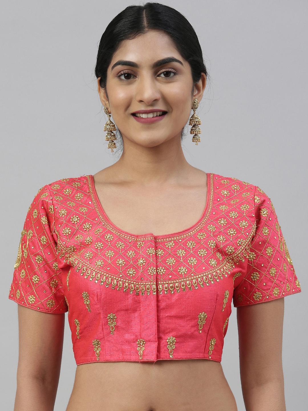 

Mimosa Women Pink & Gold-Coloured Embroidered Readymade Art Silk Saree Blouse