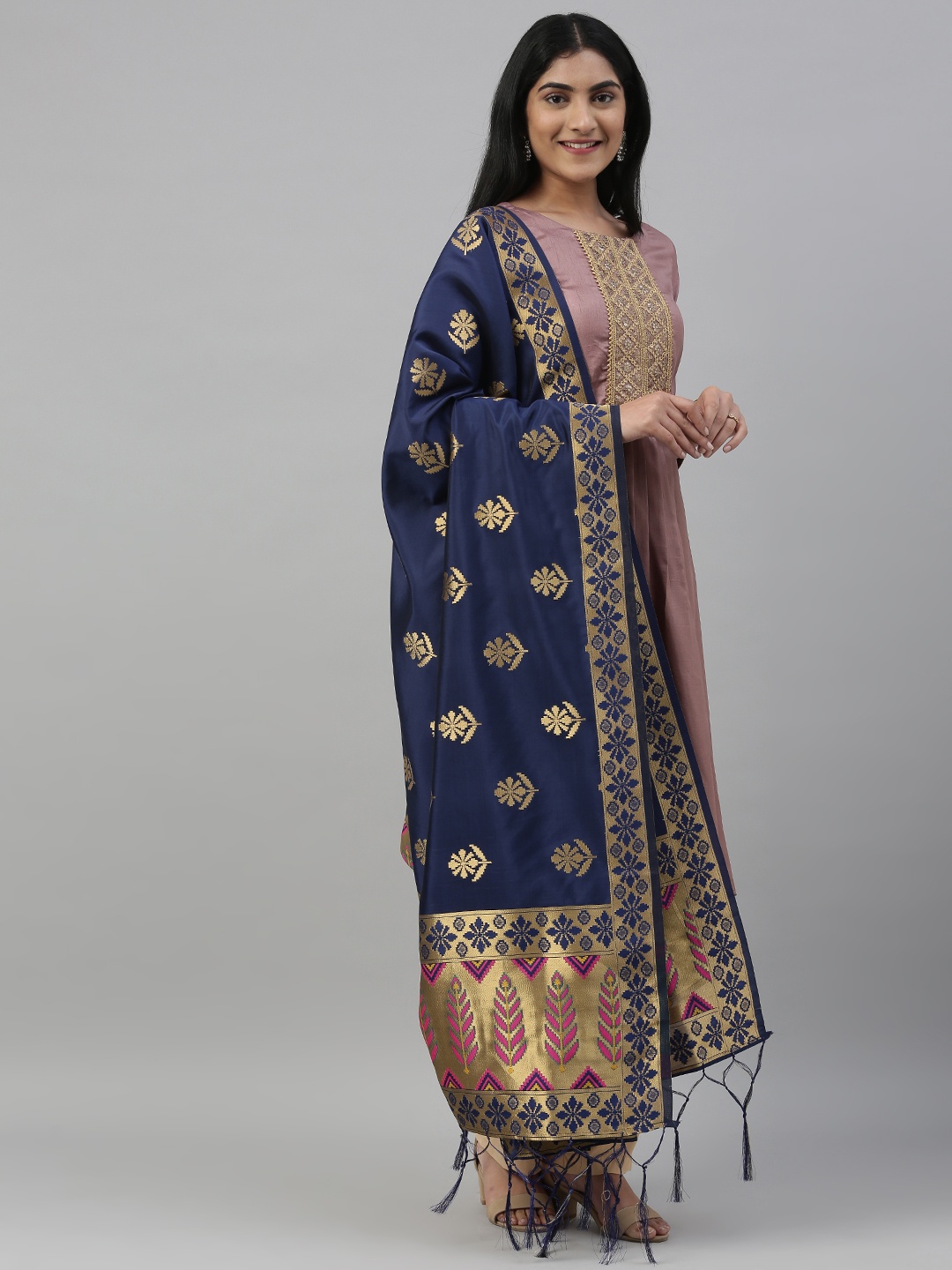 

MIMOSA Navy Blue & Gold-Coloured Woven Design Dupatta