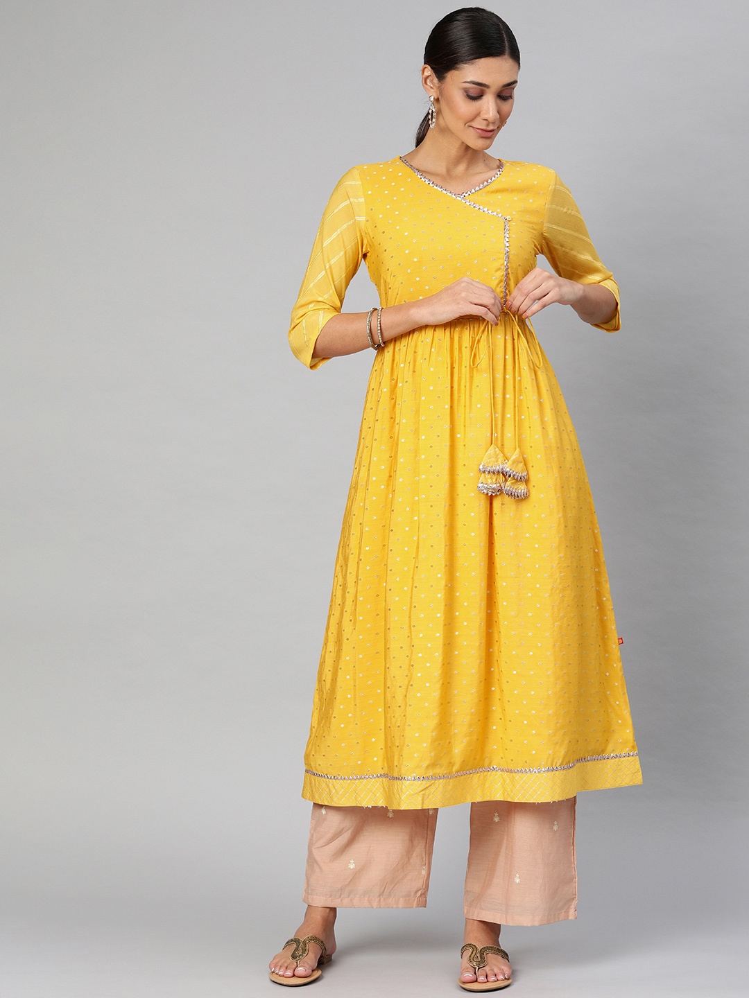 

Alena Women Mustard Yellow & Golden Zari Woven Design Chanderi Silk A-Line Angrakha Kurta