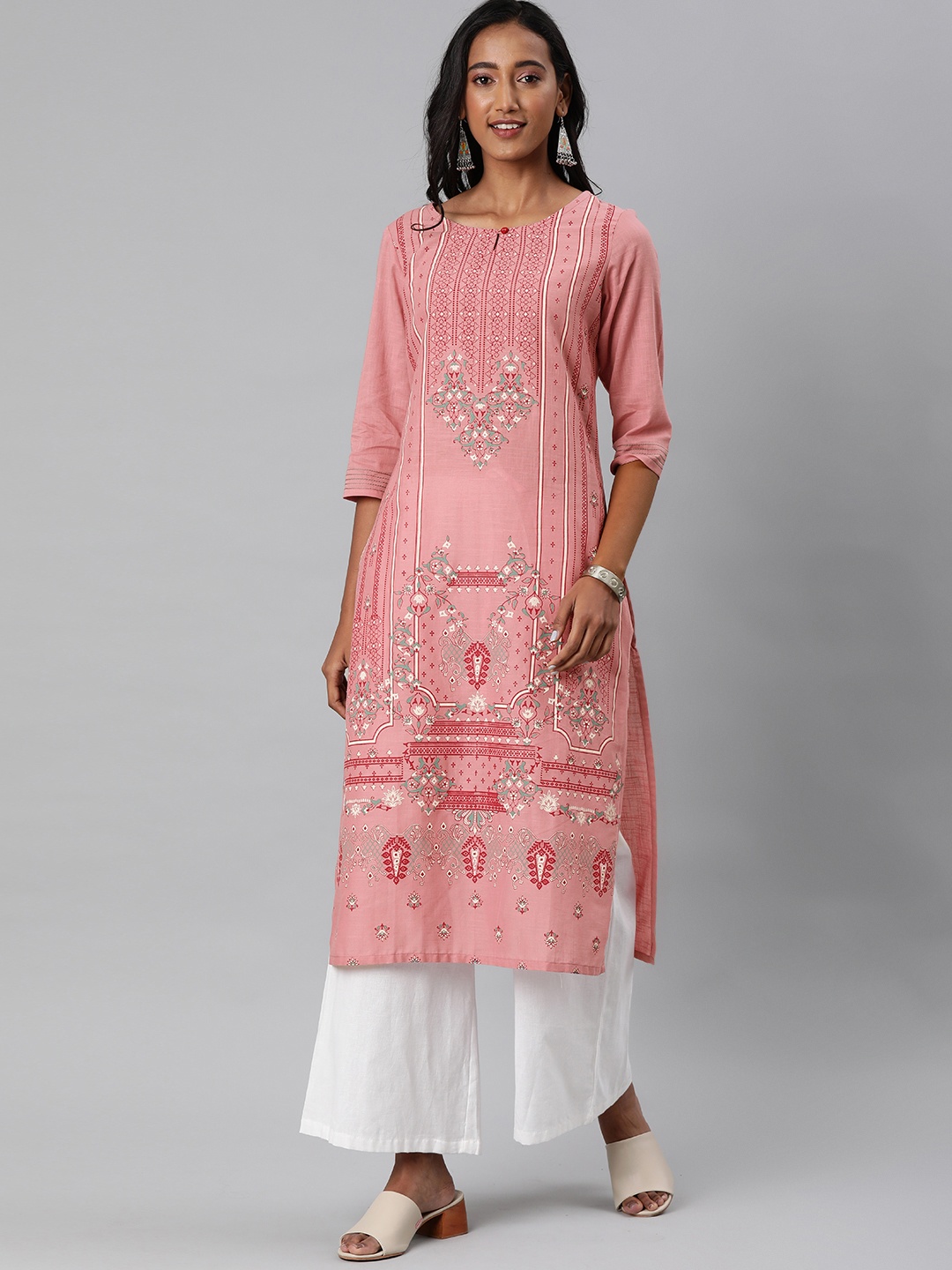 

Alena Women Peach-Coloured Printed Straight Kurta