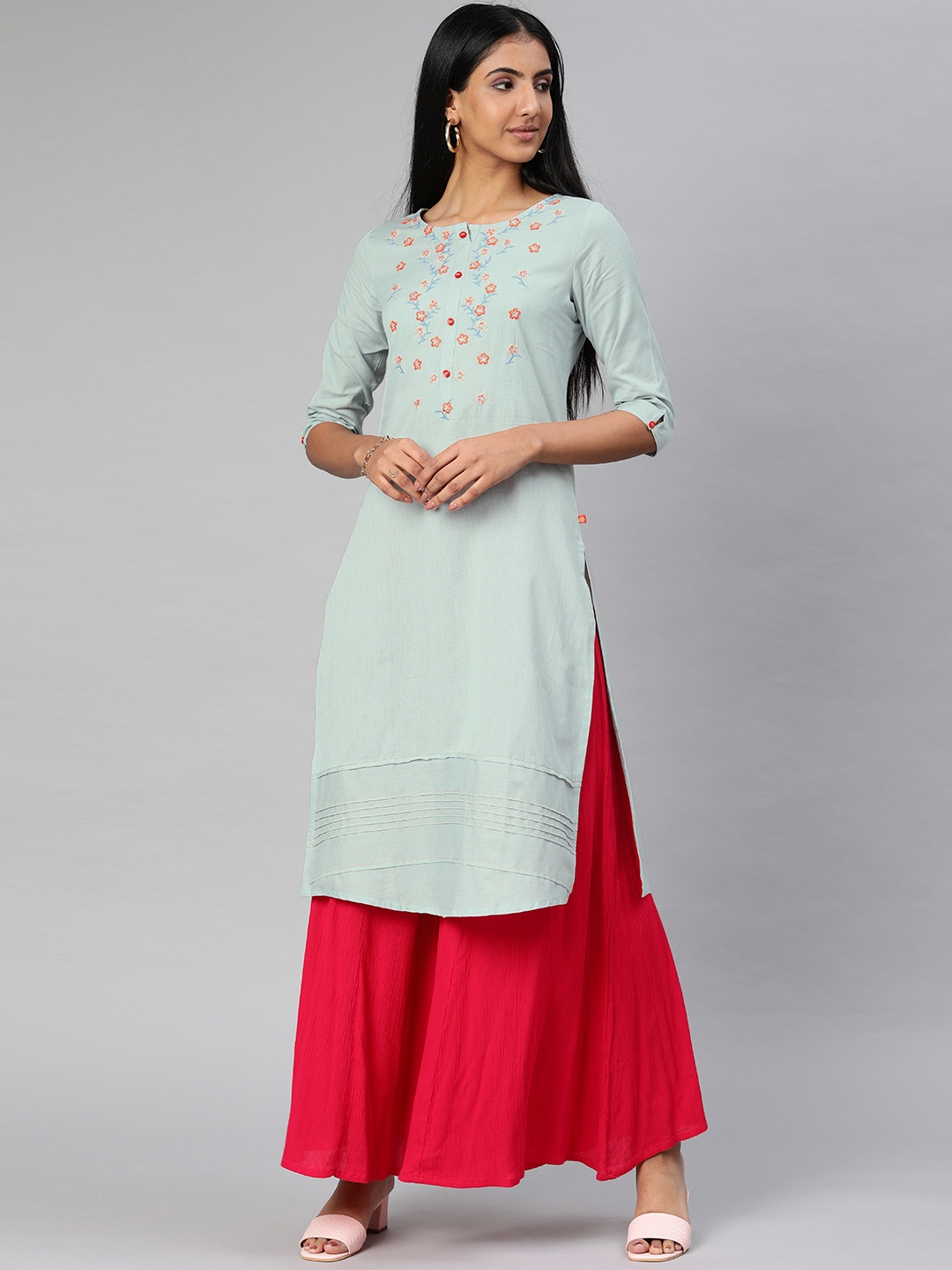 

Alena Women Blue & Red Embroidered Straight Kurta