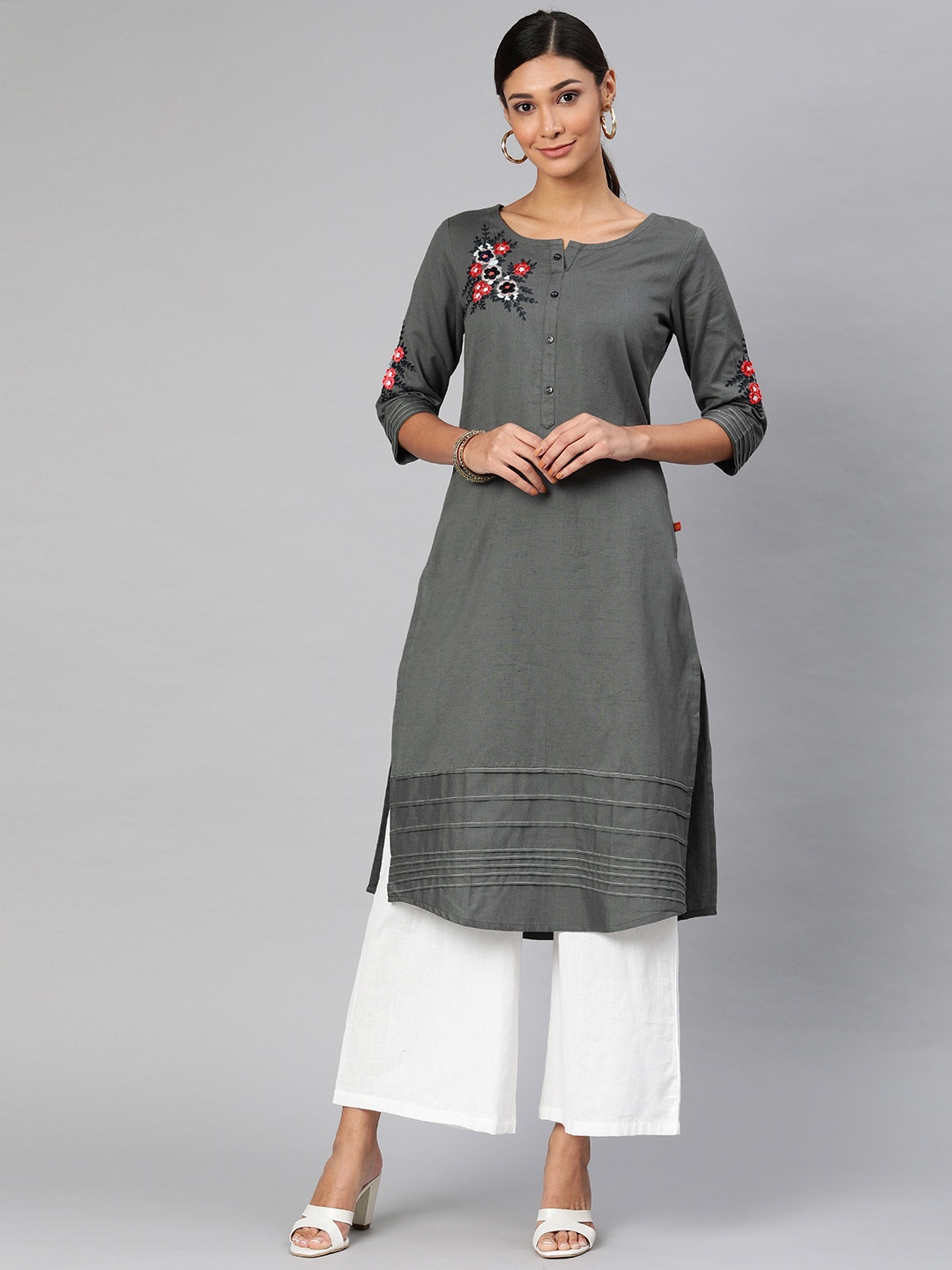 

Alena Women Grey Embroidered Straight Kurta with Tucked Detail