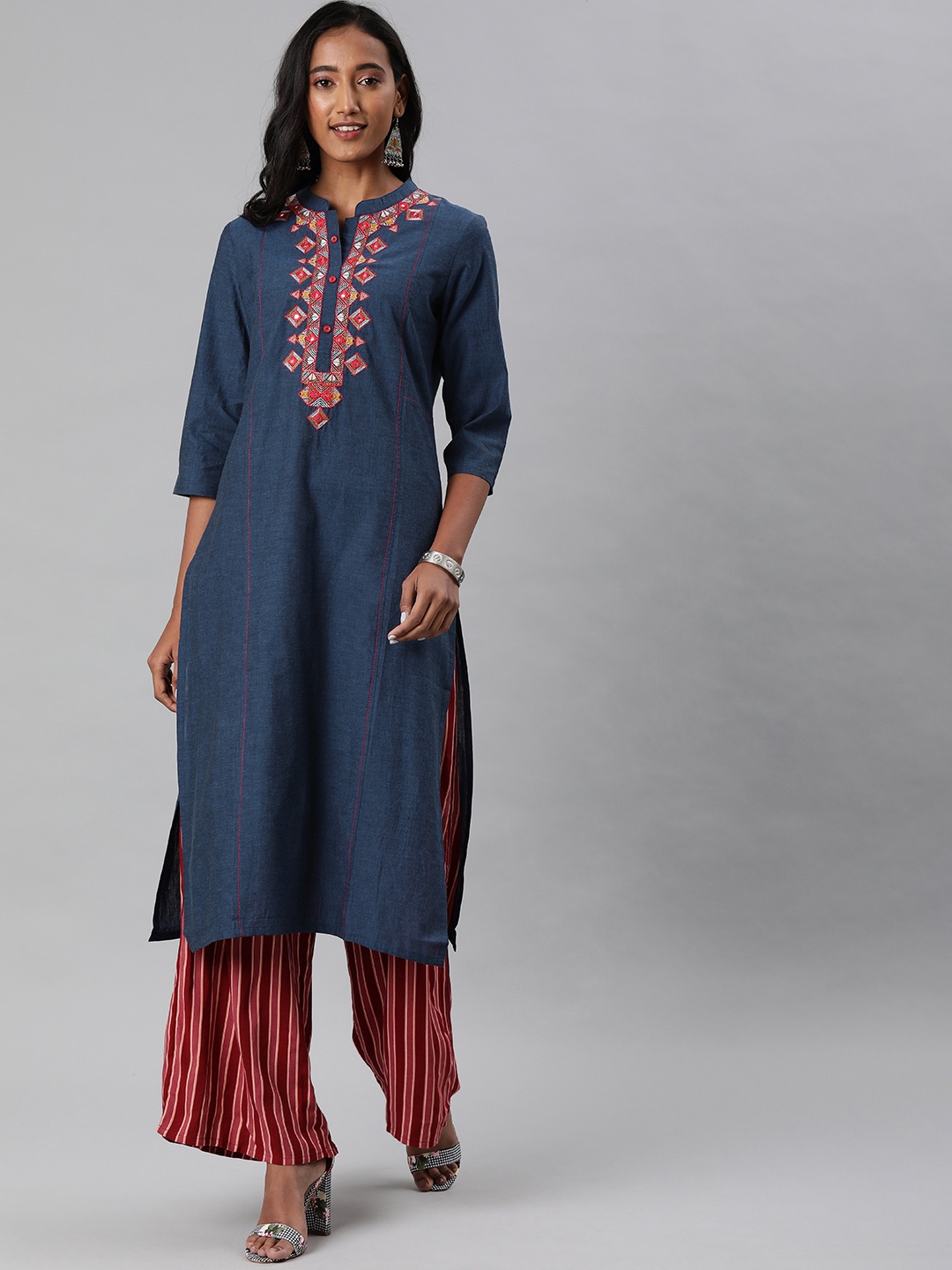 

Alena Women Navy Blue Yoke Design Straight Kurta