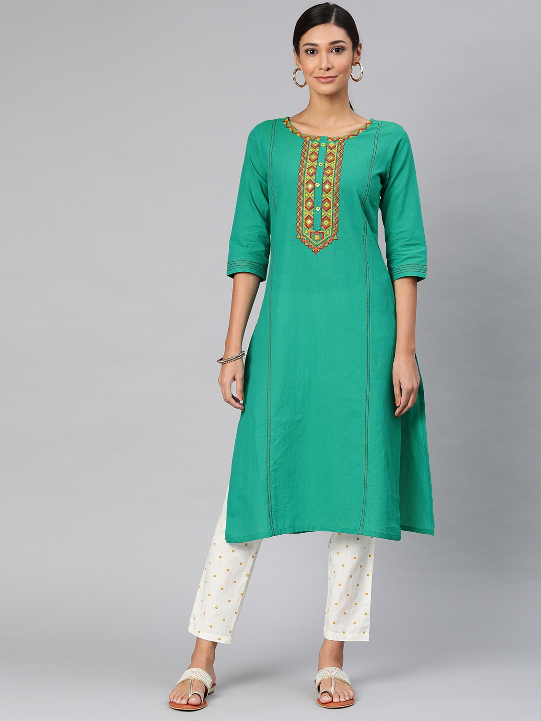 

Alena Women Green Embroidered Yoke Design Straight Kurta
