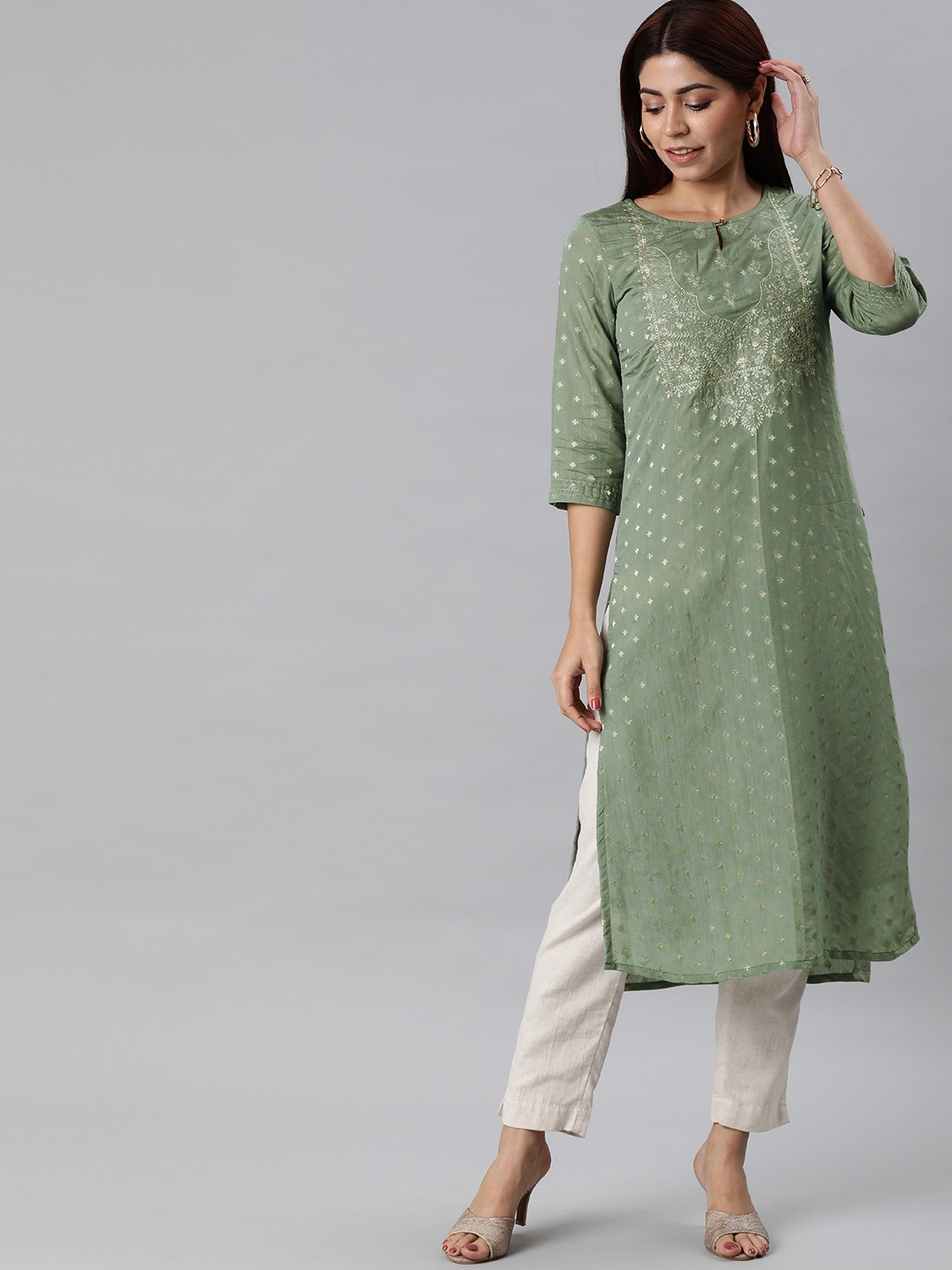 

Alena Women Green Woven Design Straight Kurta