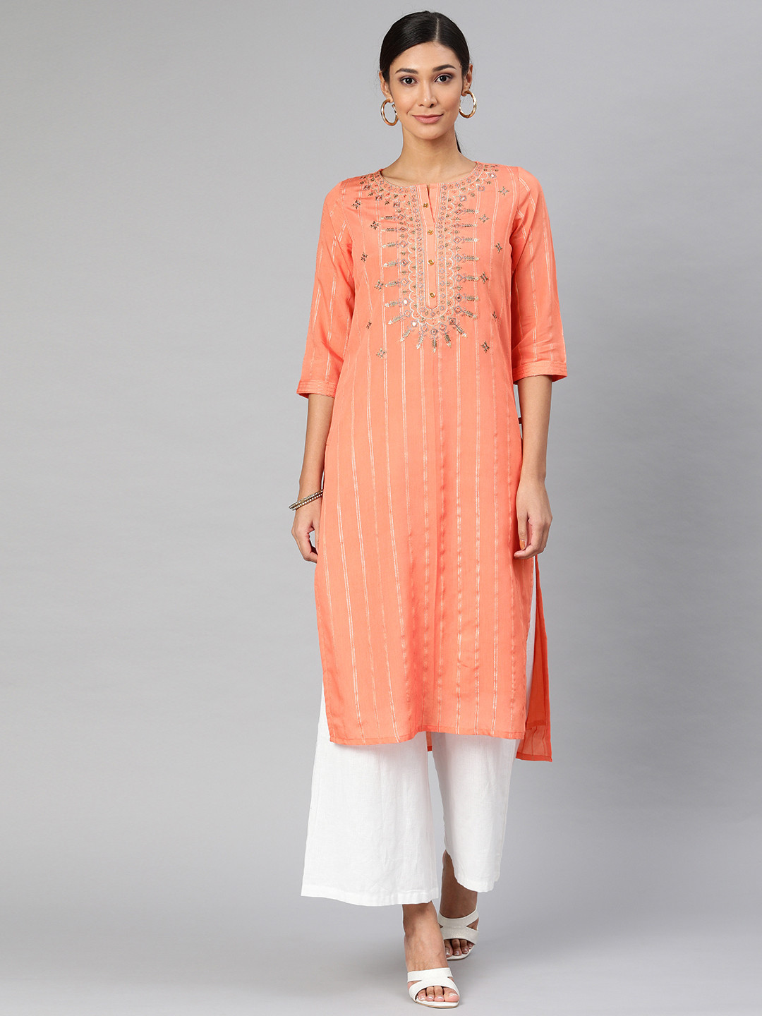 

Alena Women Peach-Coloured Embroidered Straight Kurta