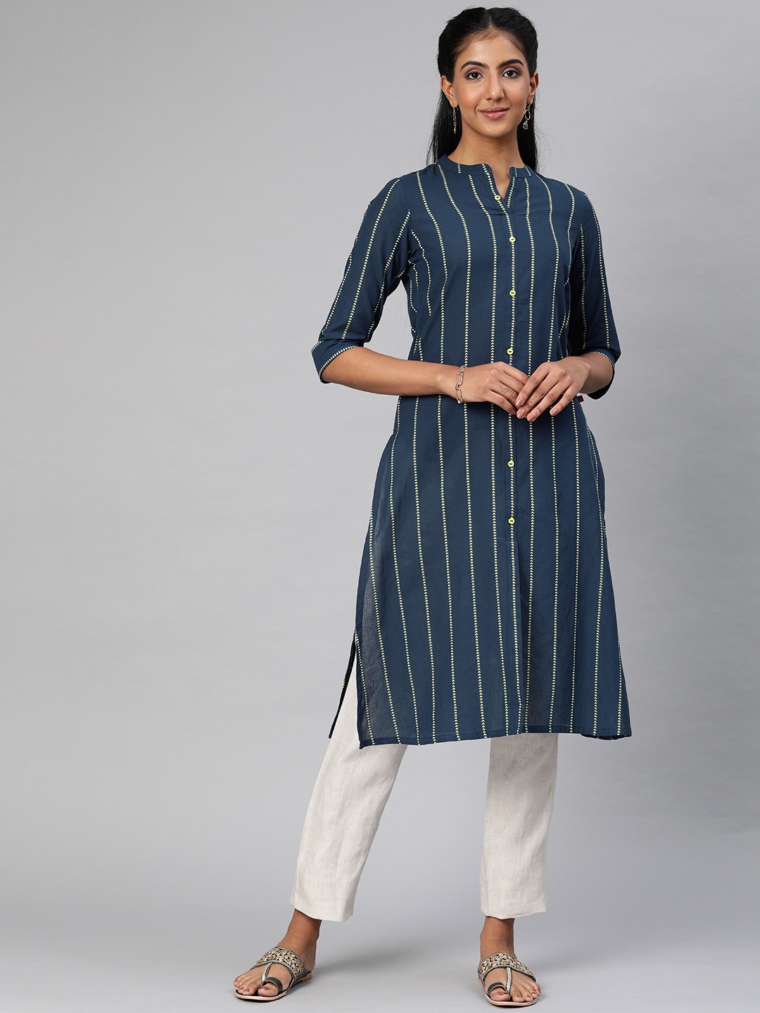 

Alena Women Navy Blue & Beige Striped Straight Kurta