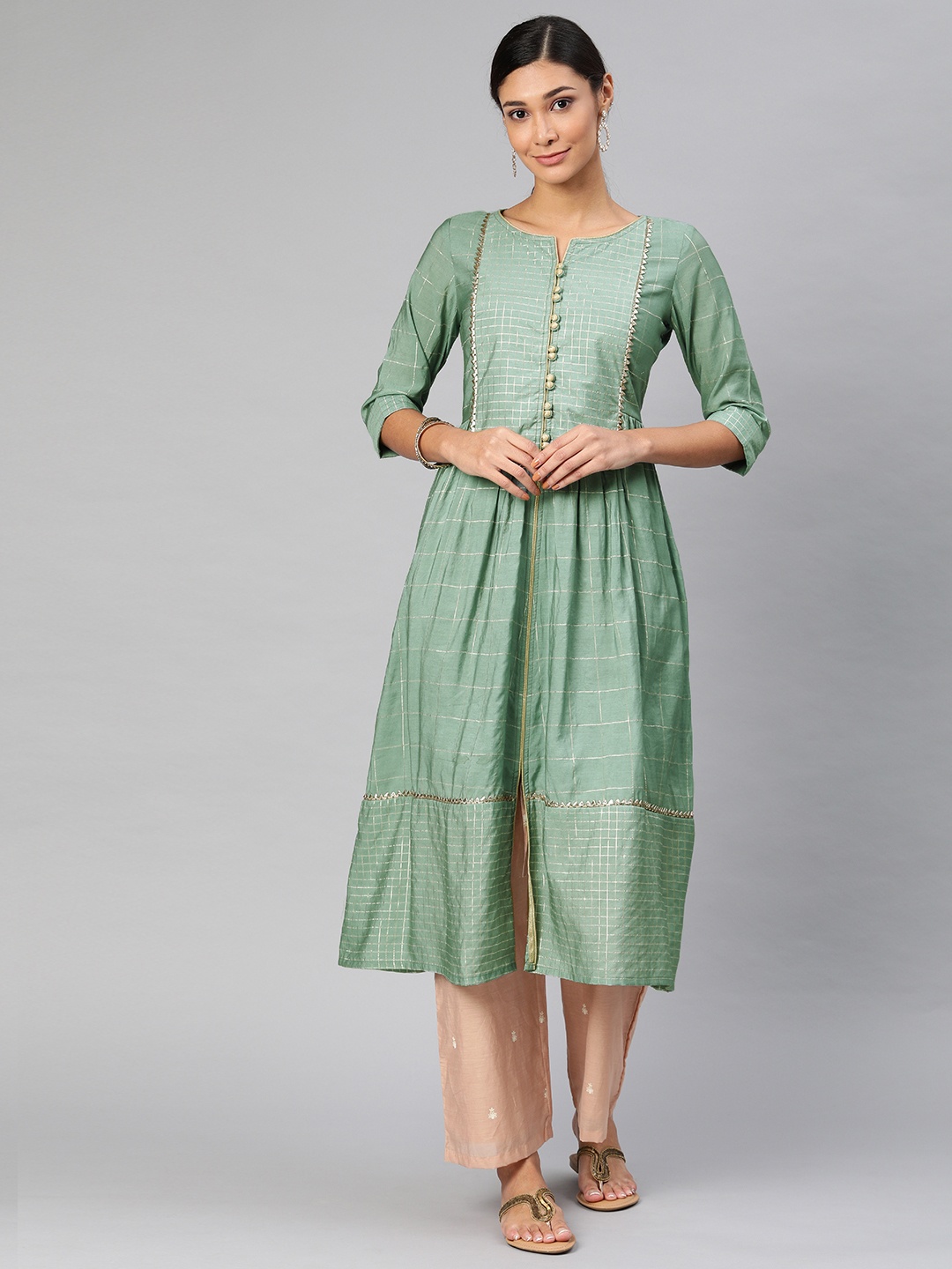 

Alena Women Green & Peach-Coloured Embellished Straight Kurta