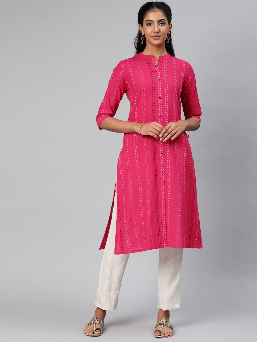 

Alena Women Fuchsia Pink & White Woven Striped Straight Kurta