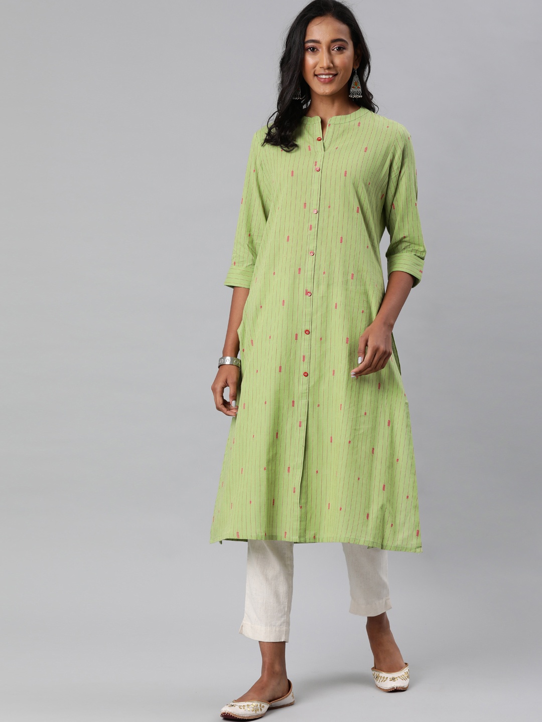 

Alena Women Green Woven Design A-Line Kurta