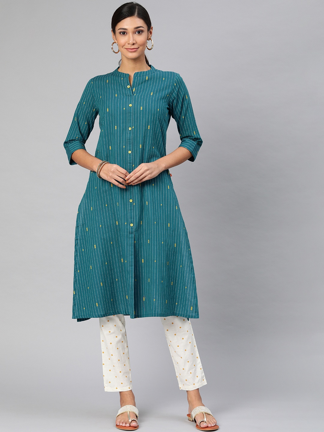 

Alena Women Teal Blue & Grey Striped Straight Kurta