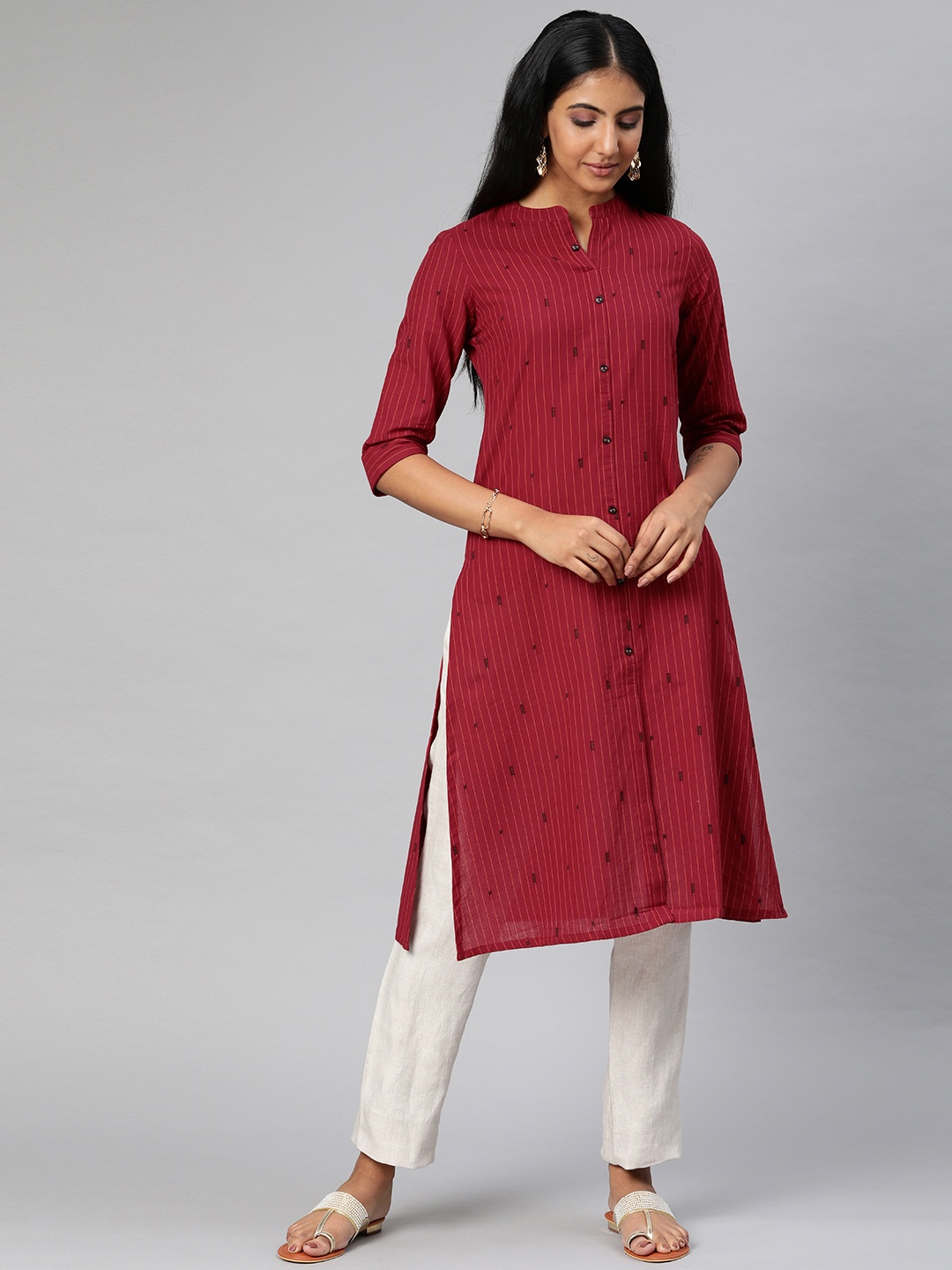 

Alena Women Maroon & Orange Woven Design Straight Kurta