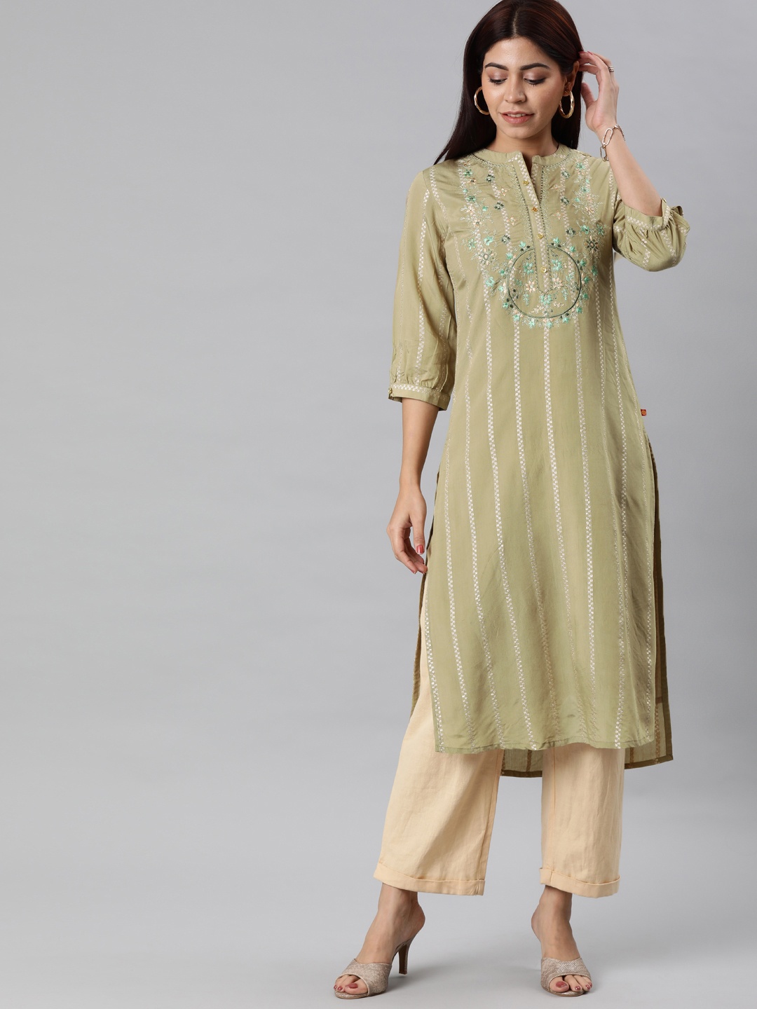 

Alena Women Olive Green Embroidered Straight Kurta