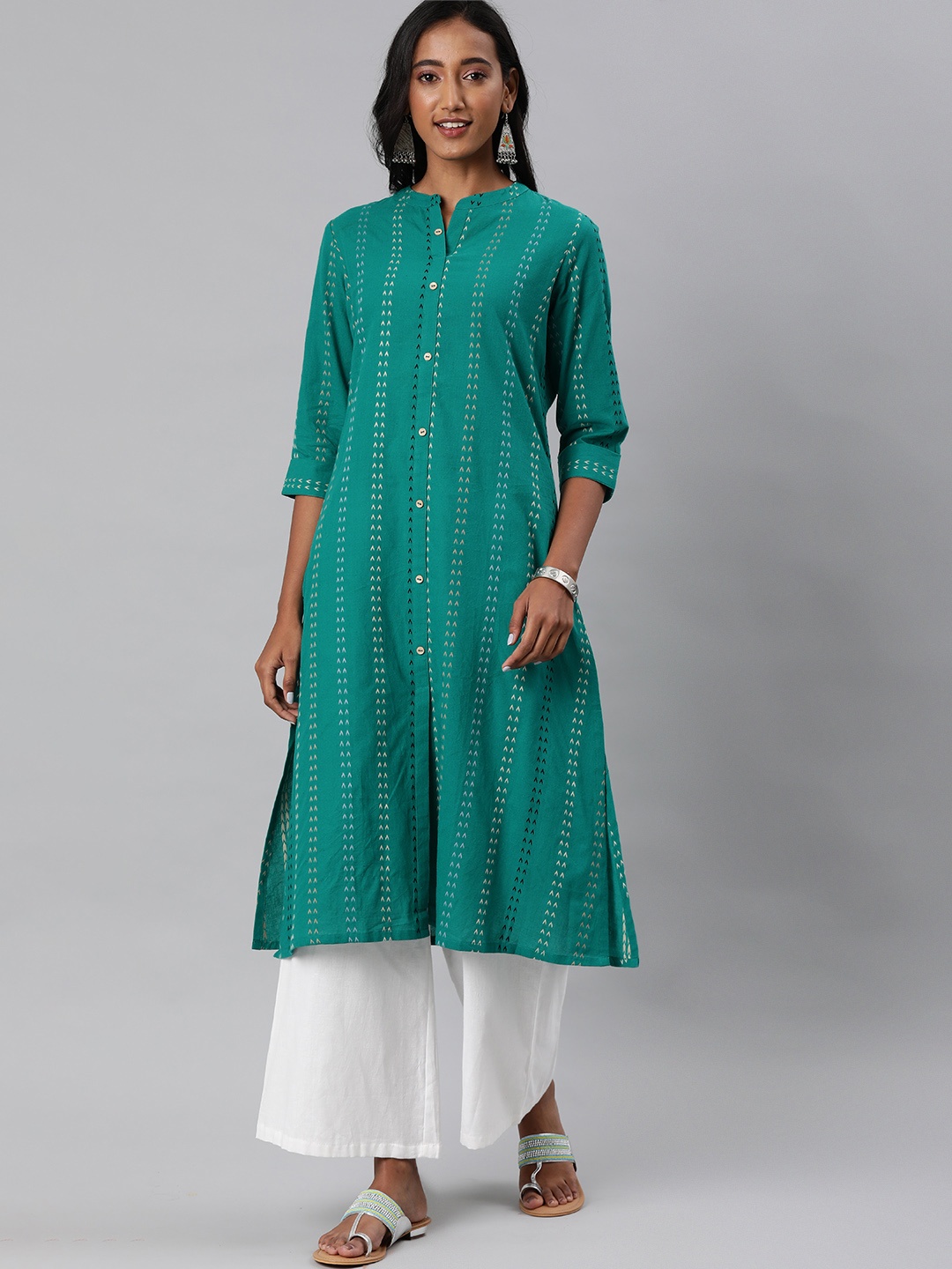 

Alena Women Teal Green & Beige Striped Straight Kurta