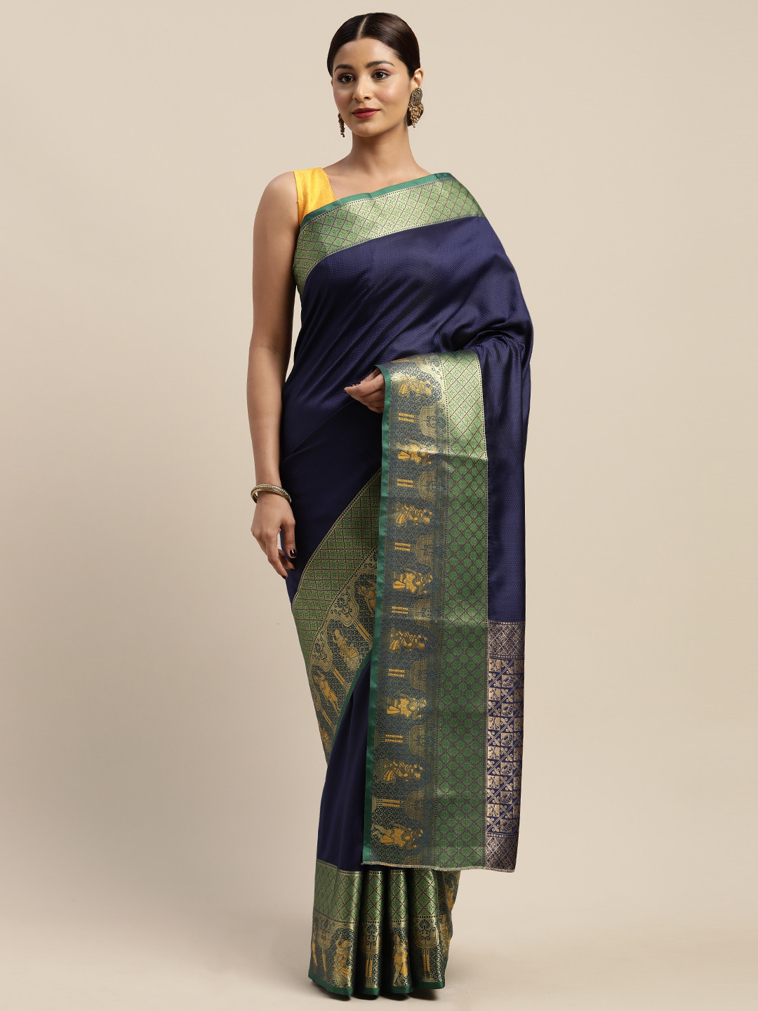 

Mitera Navy Blue & Gold-Toned Silk Blend Woven Design Saree