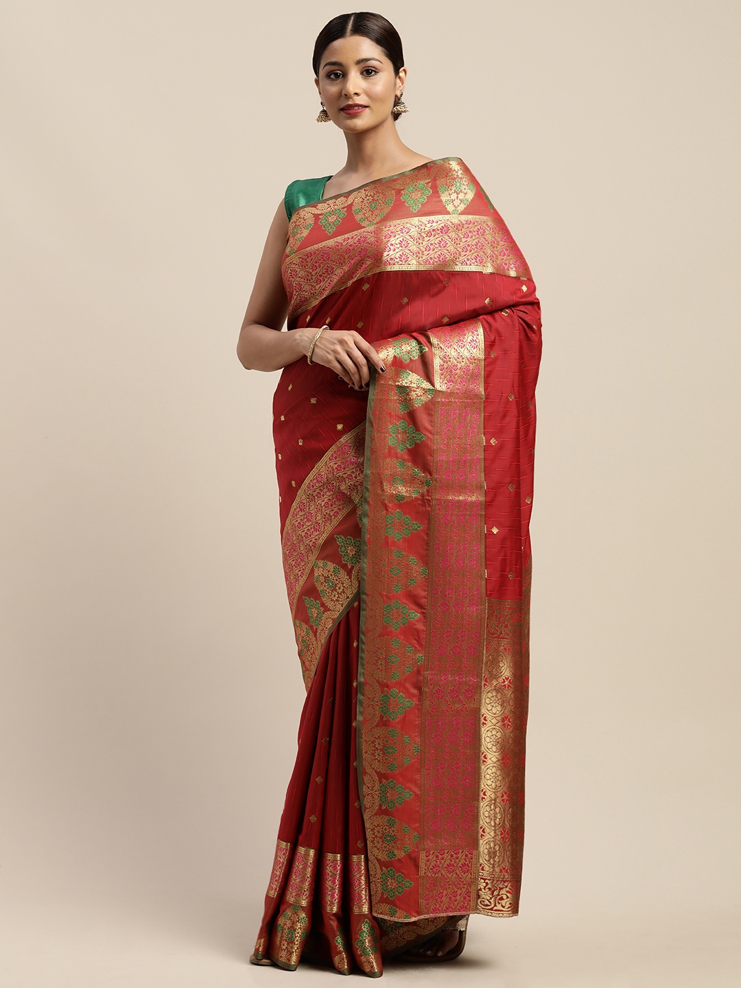 

Mitera Red & Golden Ethnic Motifs Woven Design Saree