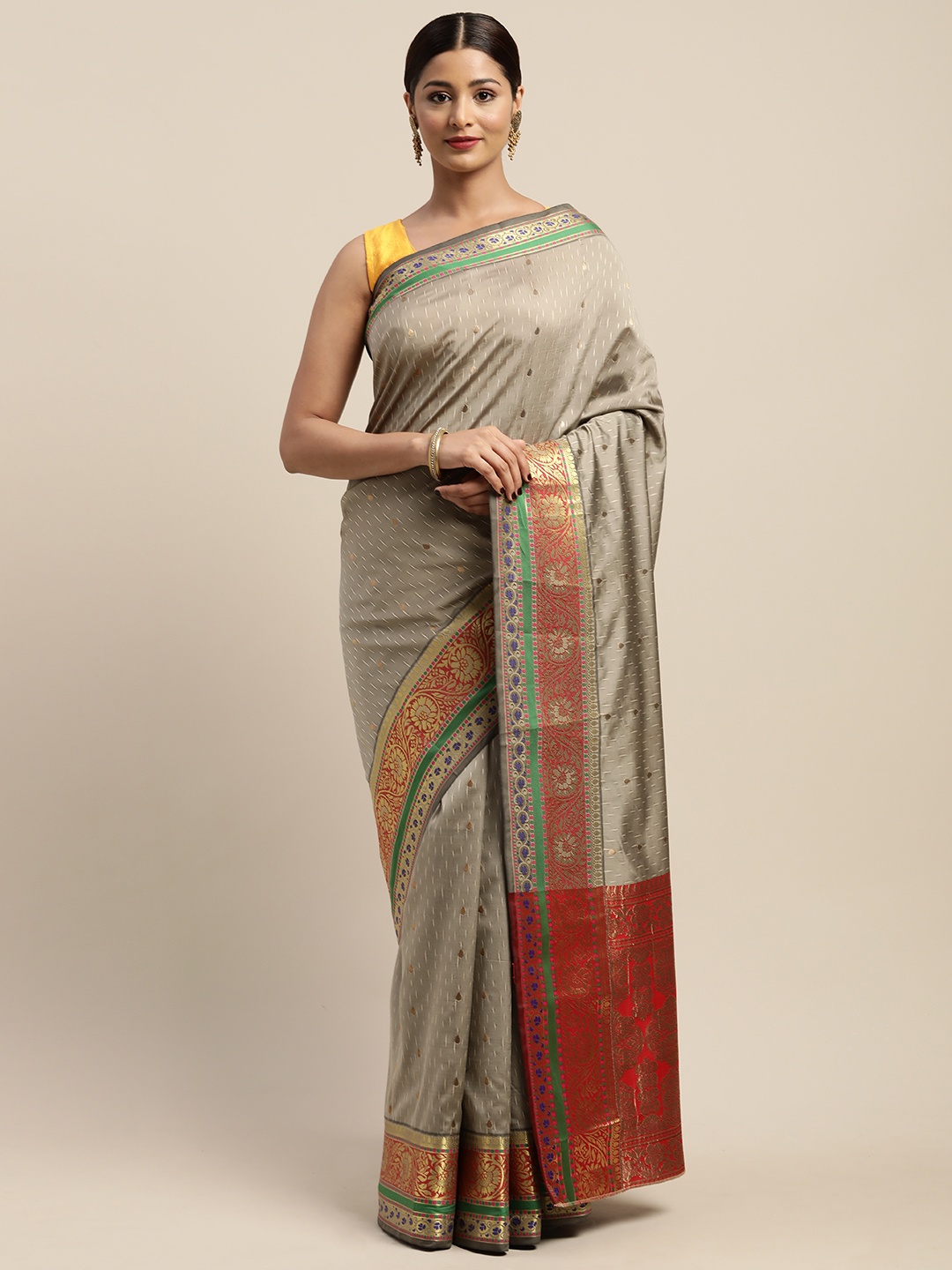 

Mitera Grey & Red Silk Blend Woven Design Saree