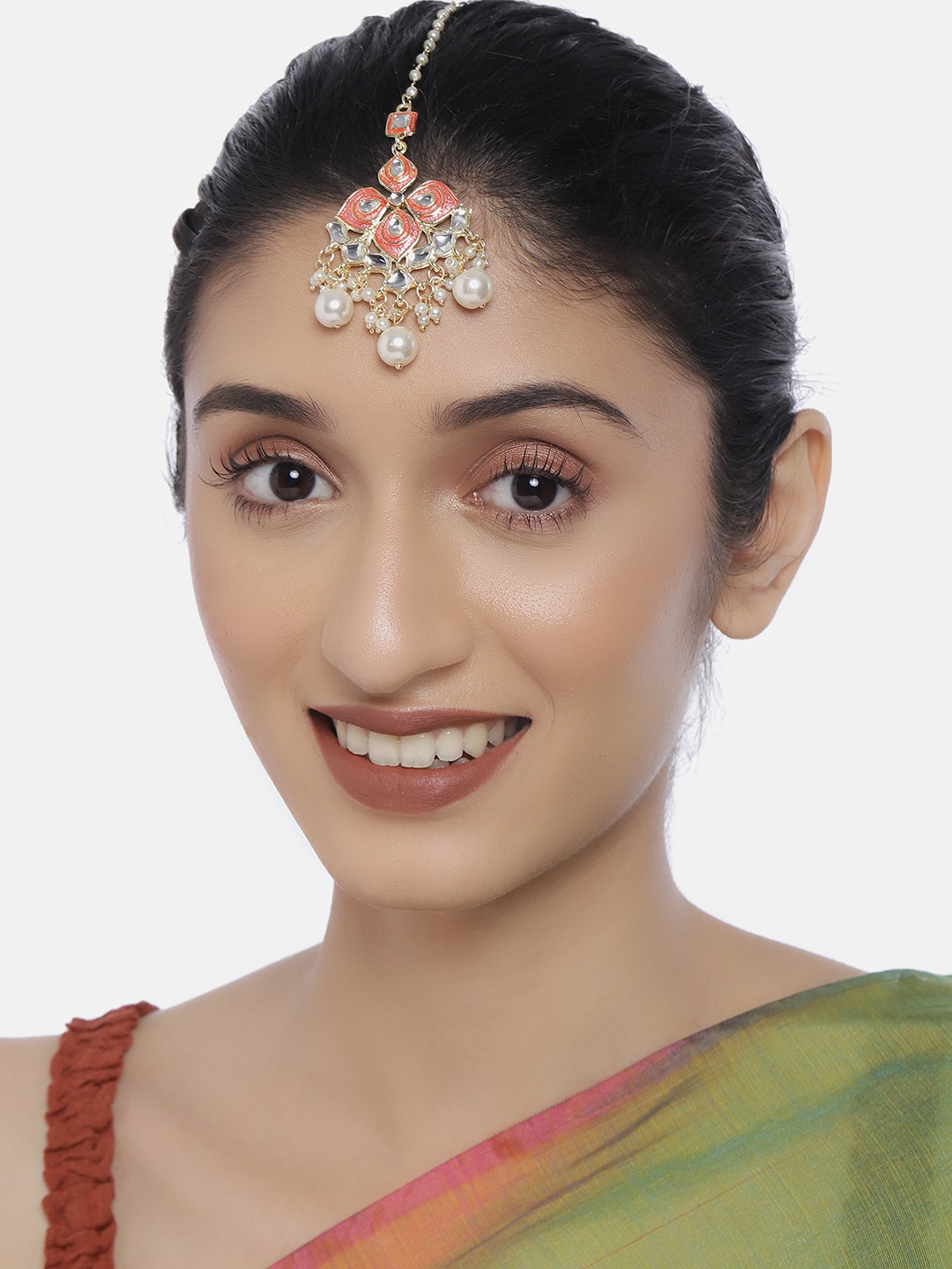 

LAIDA Pink Gold-Plated Enamelled Handcrafted Kundan & Pearl Maang Tikka